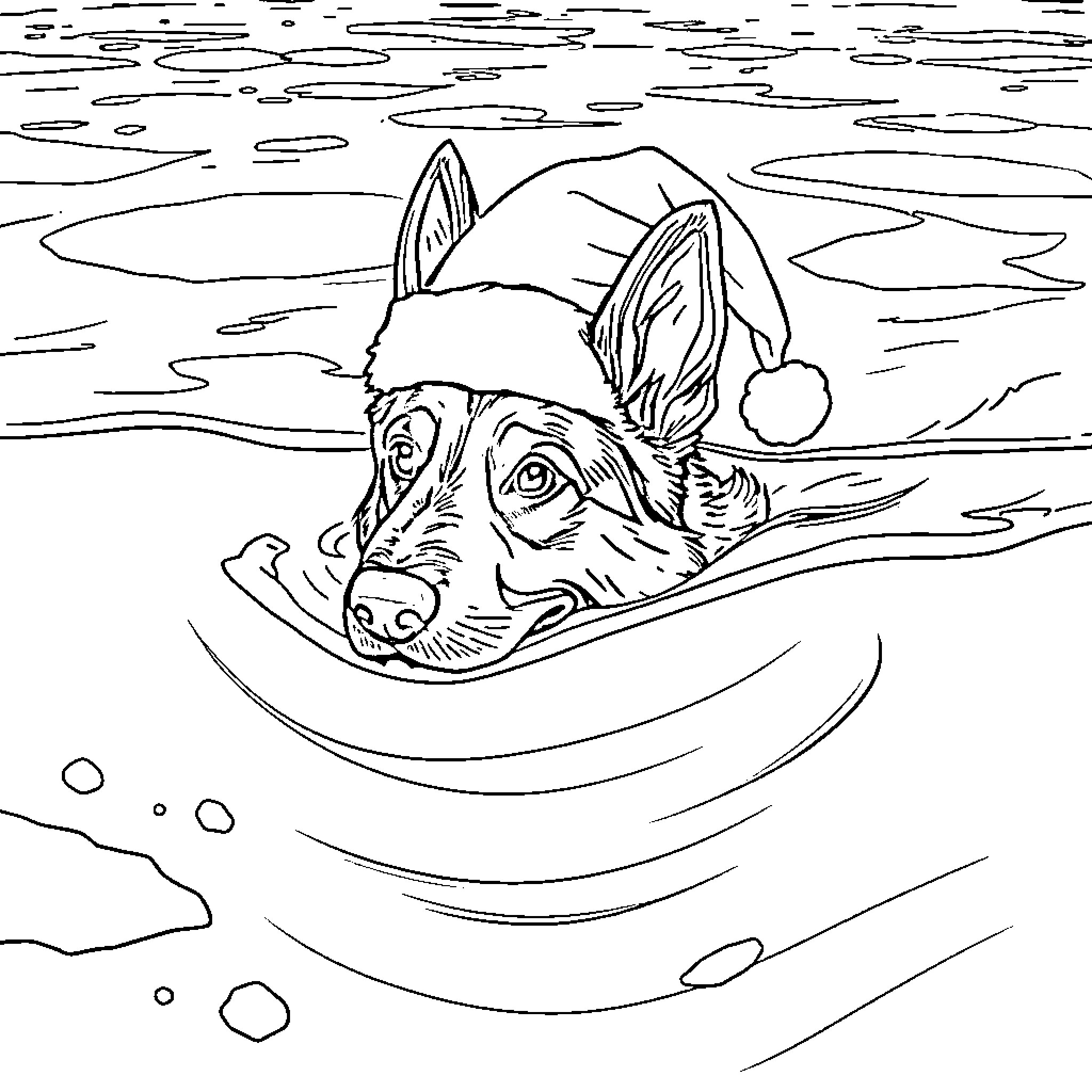 German Shepherd in Santa Hat Relaxing in Bathtub Coloring Page (free black-and-white line drawing printable PDF for all, from beginners to advanced learners, including children, teens, adults, and seniors)