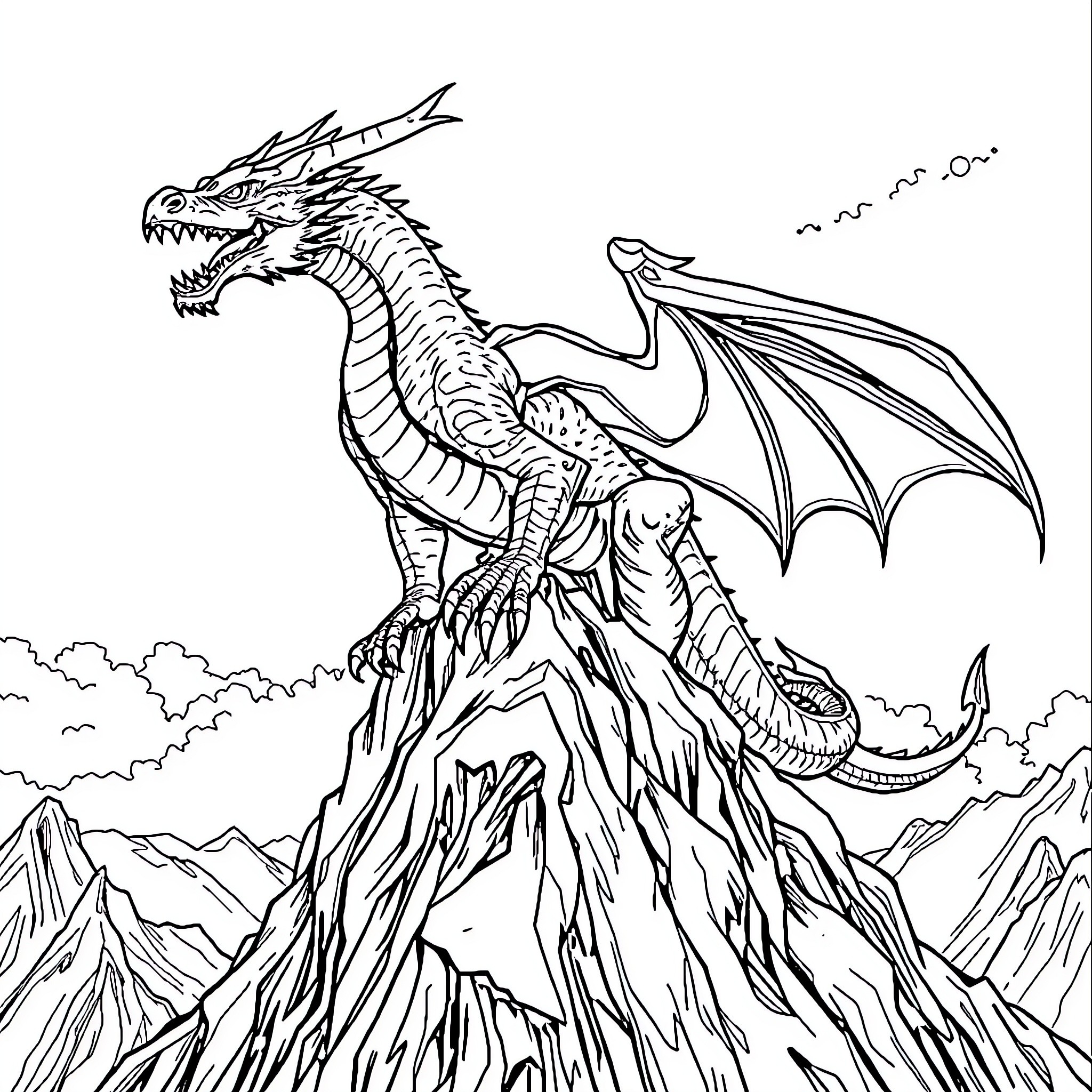 Dragon soaring above rugged mountain landscape Coloring Page (free black-and-white line drawing printable PDF for all, from beginners to advanced learners, including children, teens, adults, and seniors)