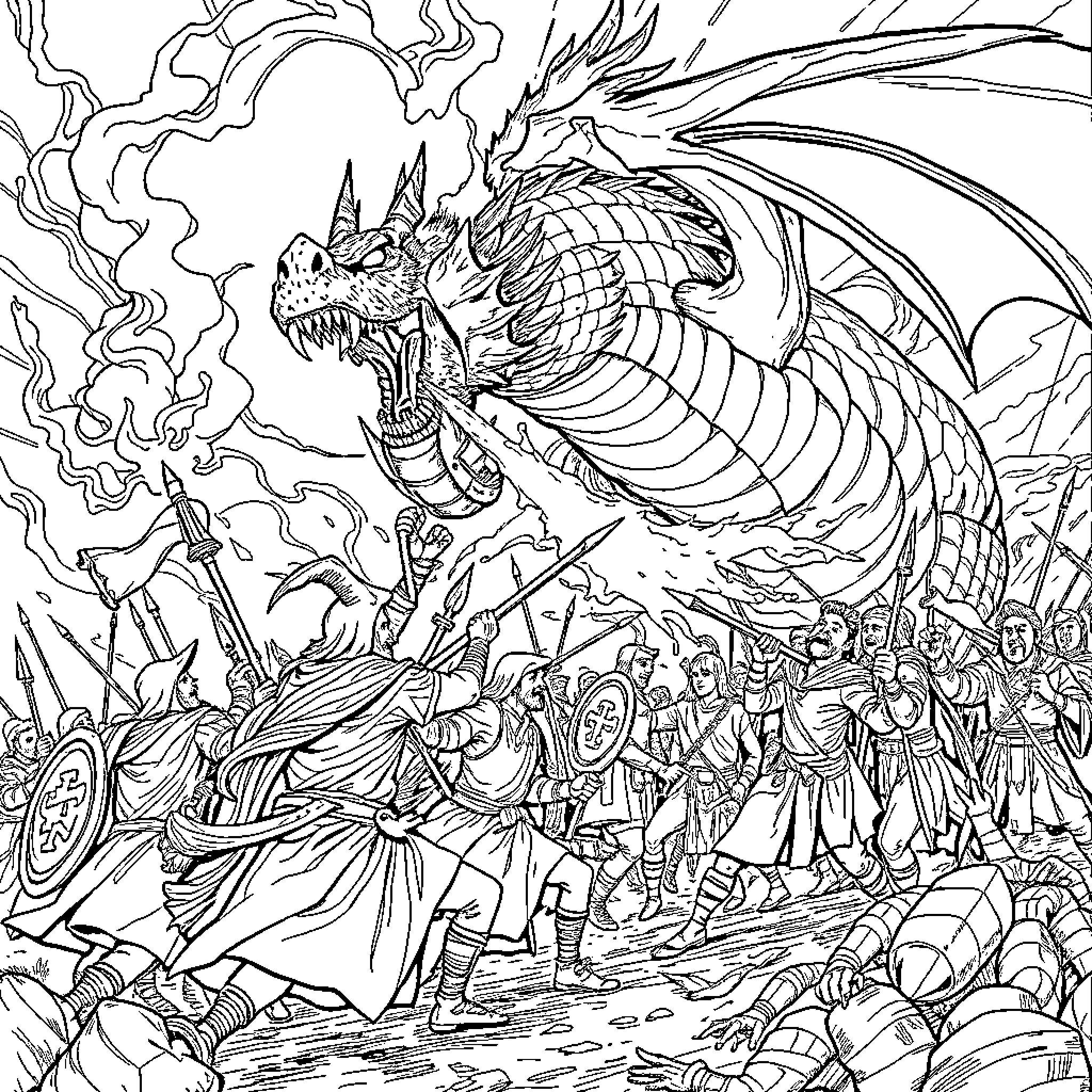 Army of warriors confronting a giant dragon Coloring Page (free black-and-white line drawing printable PDF for all, from beginners to advanced learners, including children, teens, adults, and seniors)