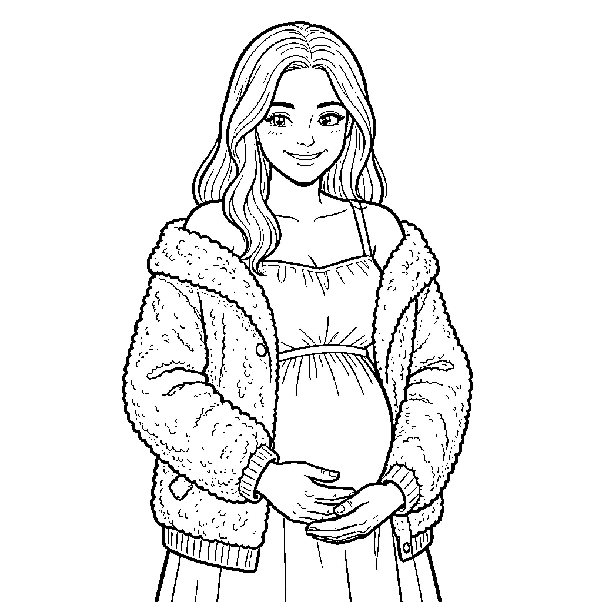 Pregnant Woman Smiling in Warm Fuzzy Sweater Coloring Page (free black-and-white line drawing printable PDF for all, from beginners to advanced learners, including children, teens, adults, and seniors)