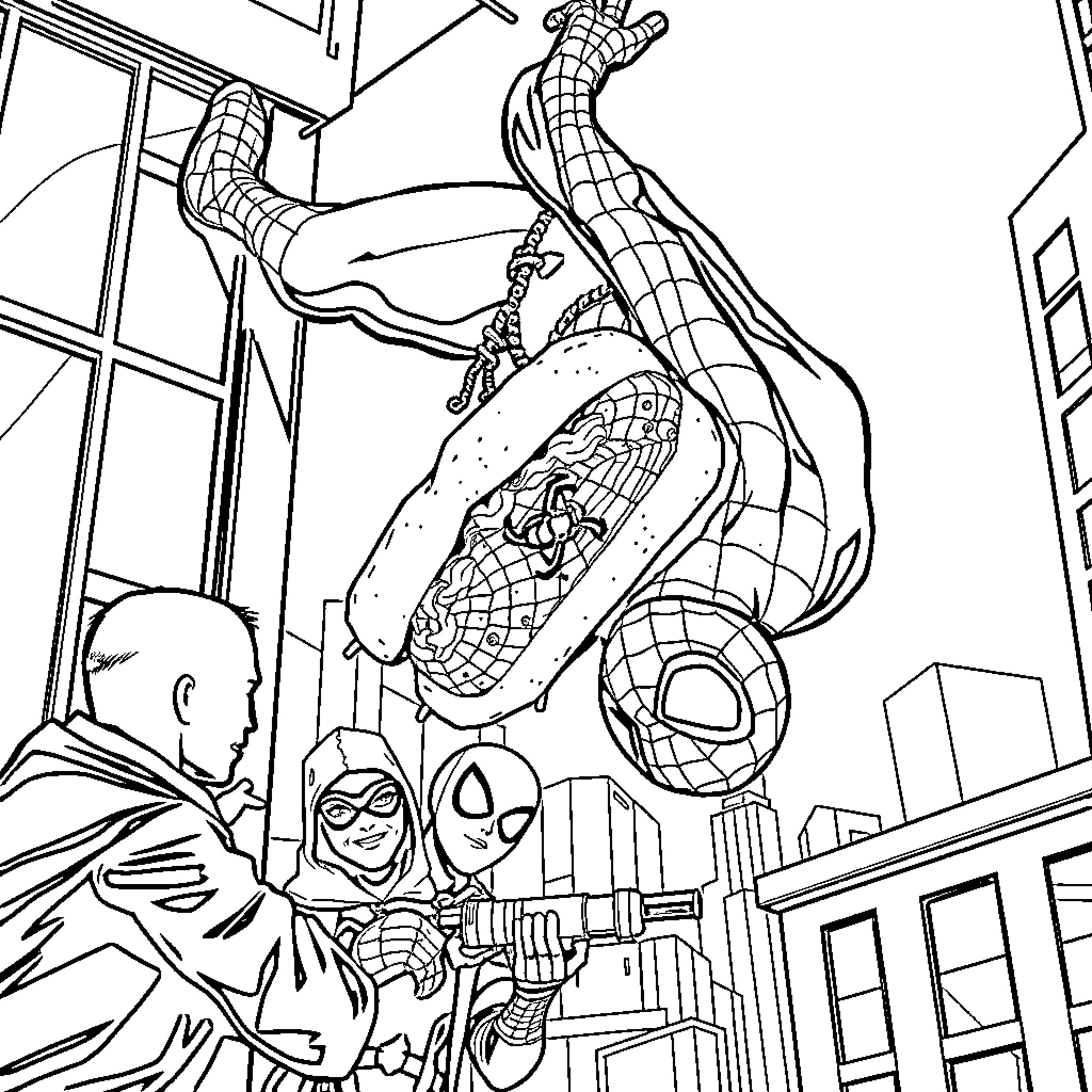 Spiderman swinging through the city skyline Coloring Page (free black-and-white line drawing printable PDF for all, from beginners to advanced learners, including children, teens, adults, and seniors)