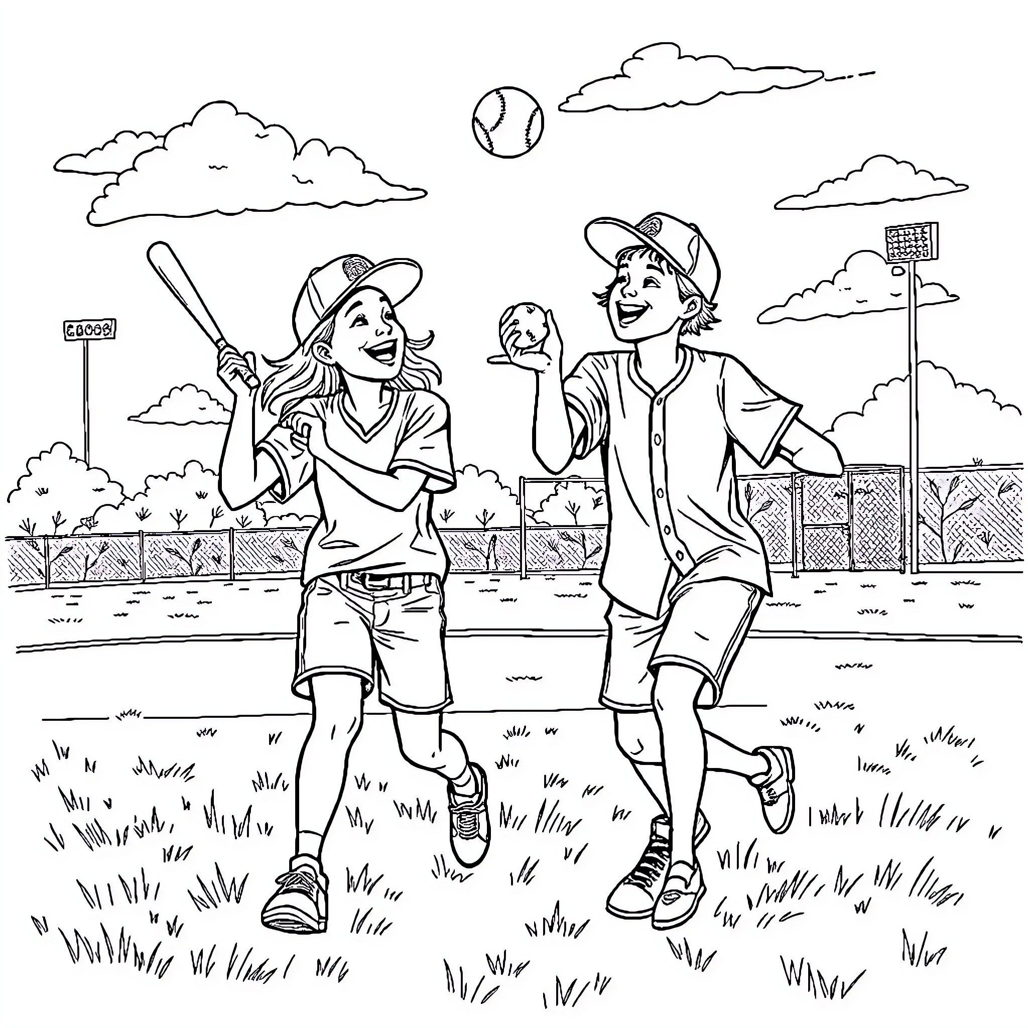 Friend playing baseball together on the field Coloring Page (free black-and-white line drawing printable PDF for all, from beginners to advanced learners, including children, teens, adults, and seniors)