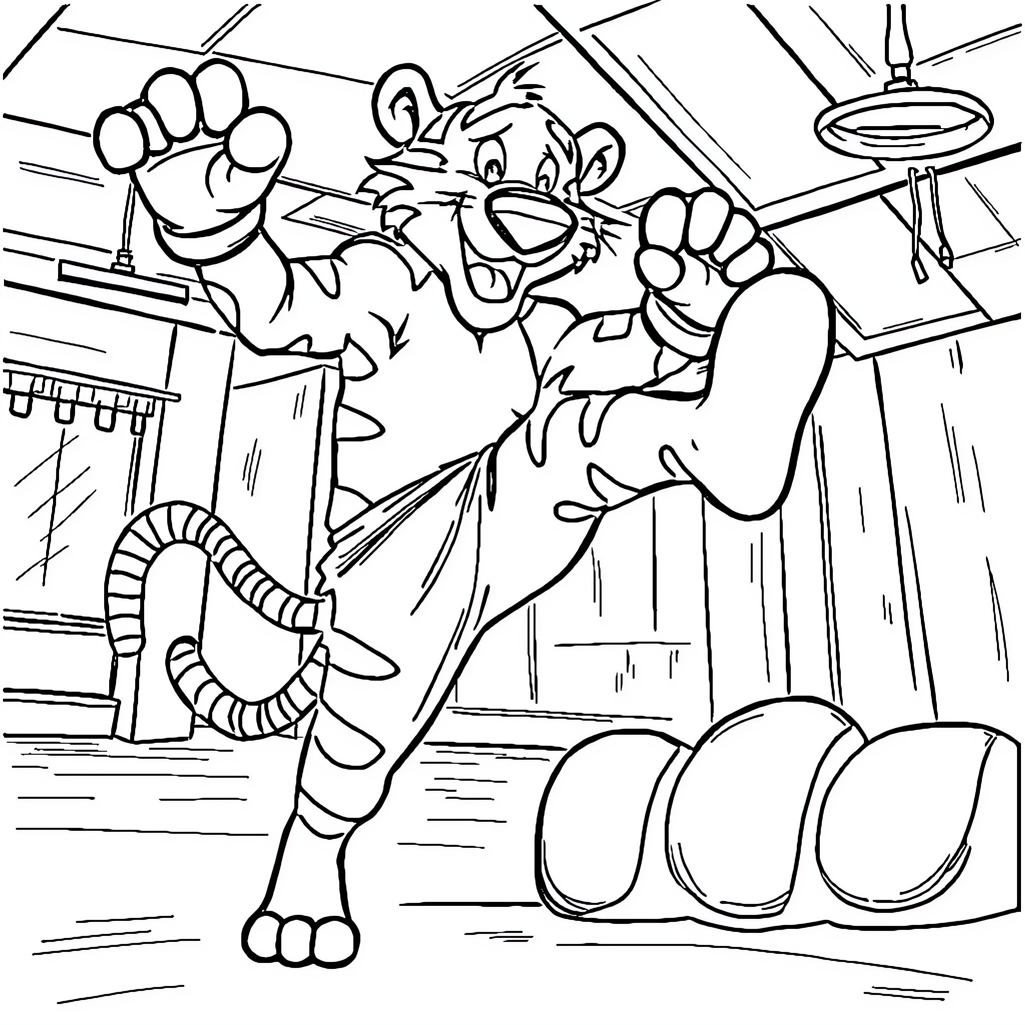Tigger playfully leaping in a cartoon setting Coloring Page (free black-and-white line drawing printable PDF for all, from beginners to advanced learners, including children, teens, adults, and seniors)
