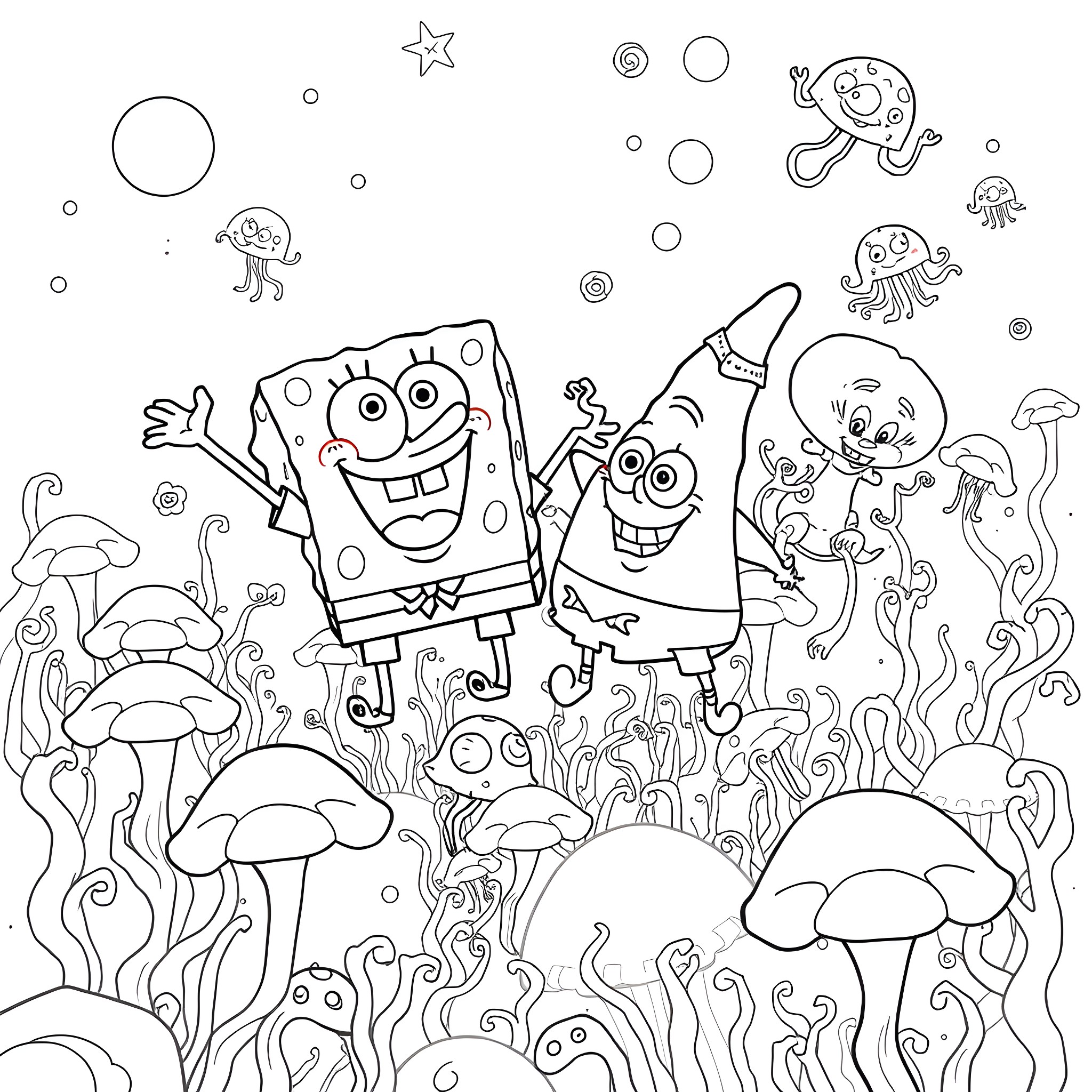 Spongebob and friends in a whimsical underwater scene Coloring Page (free black-and-white line drawing printable PDF for all, from beginners to advanced learners, including children, teens, adults, and seniors)