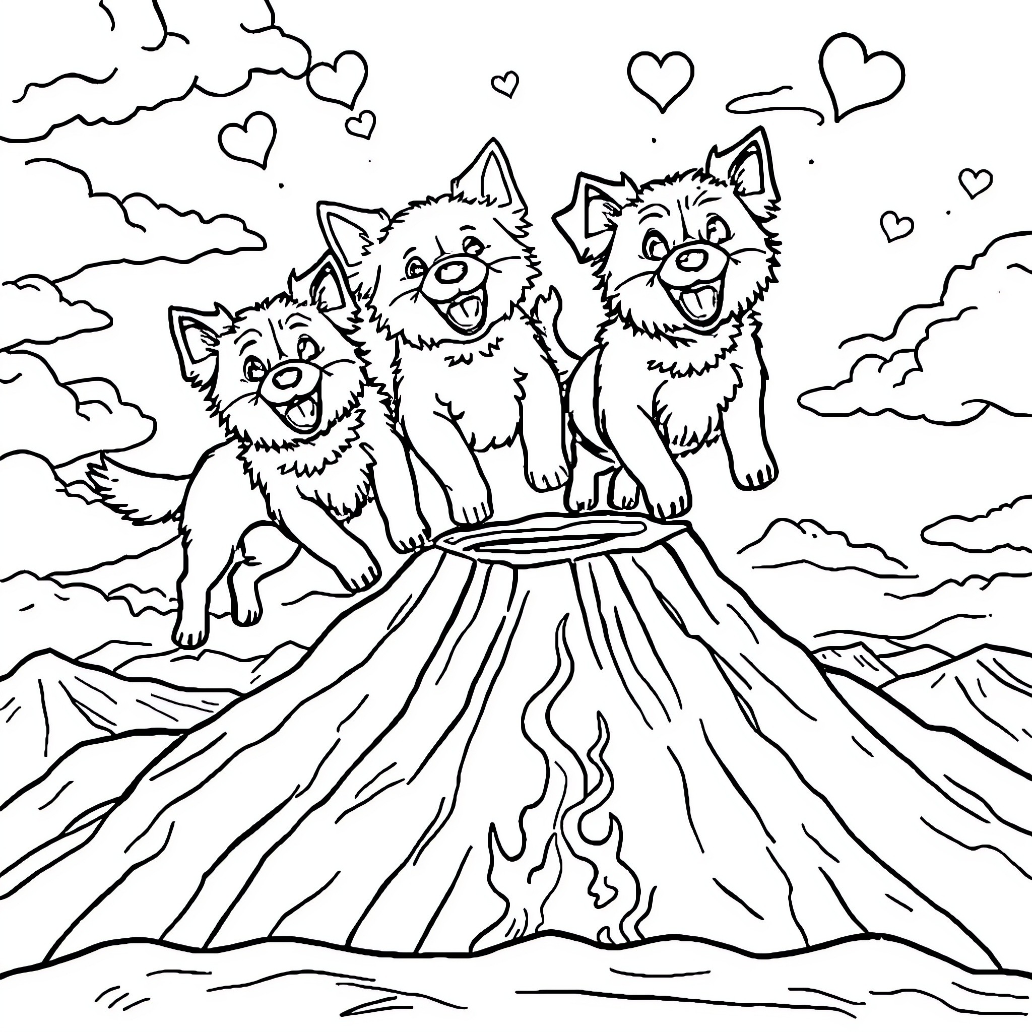 Hund playing happily with friends in the mountains Coloring Page (free black-and-white line drawing printable PDF for all, from beginners to advanced learners, including children, teens, adults, and seniors)