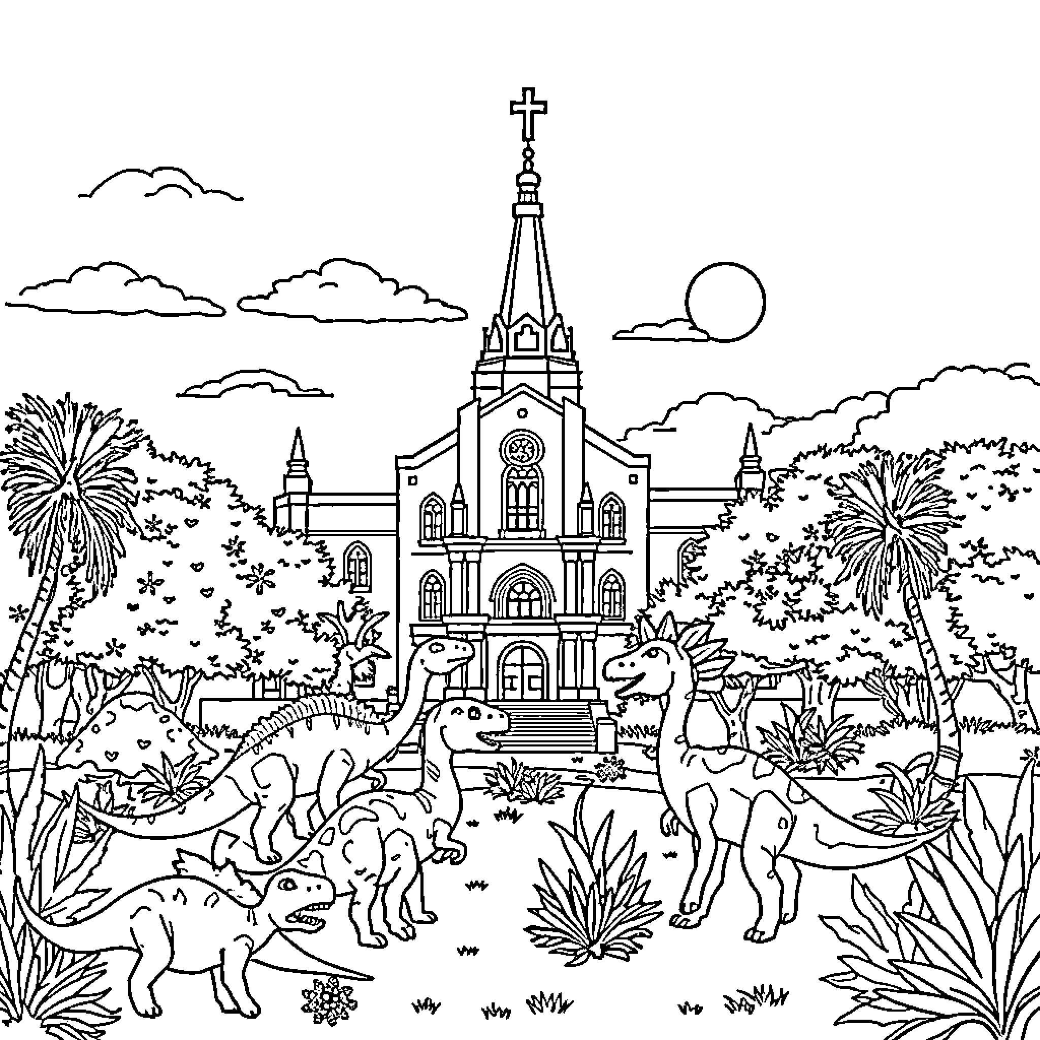 Temple with Dinosaurs in a Lush Landscape Coloring Page (free black-and-white line drawing printable PDF for all, from beginners to advanced learners, including children, teens, adults, and seniors)