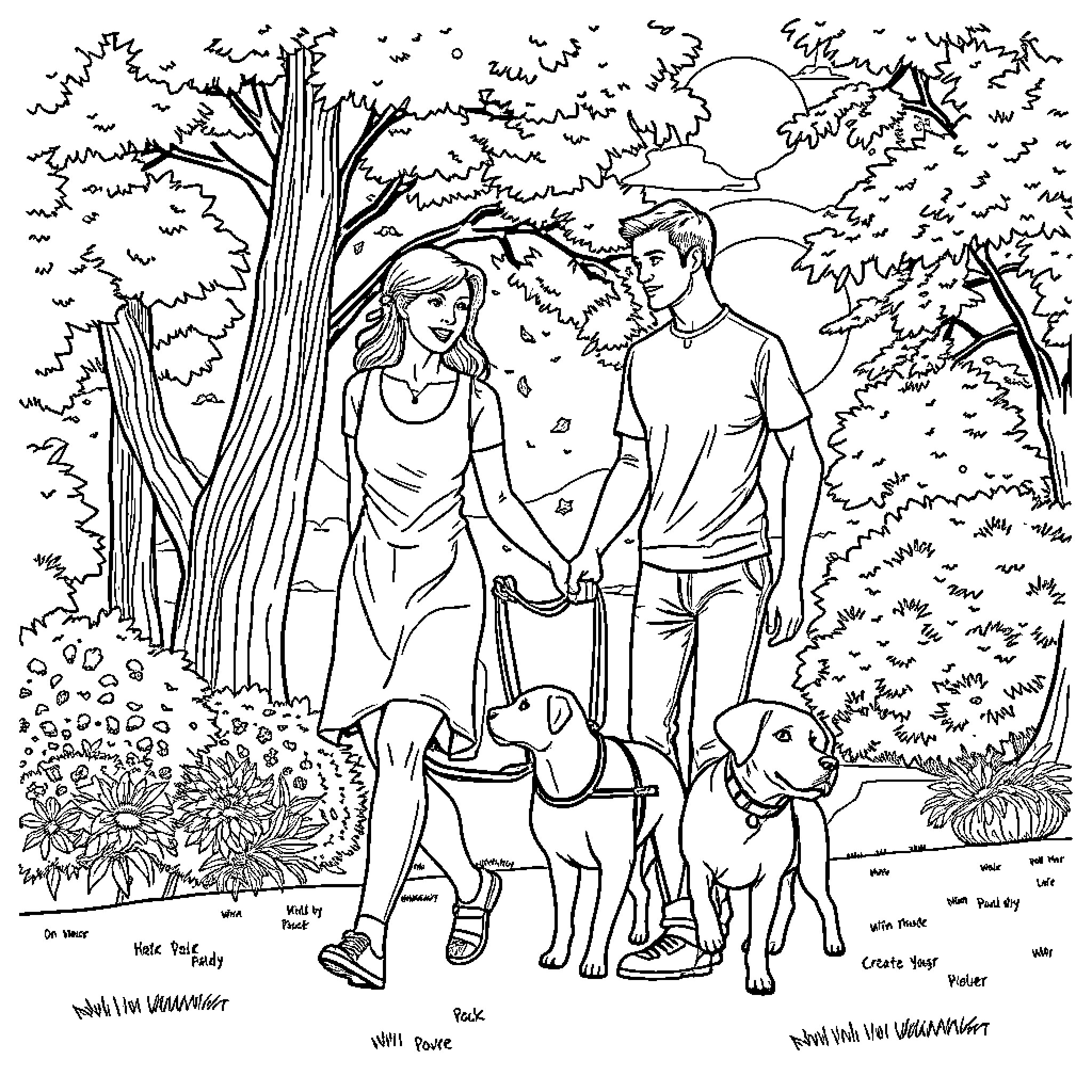 Man and woman walking their dogs in the park Coloring Page (free black-and-white line drawing printable PDF for all, from beginners to advanced learners, including children, teens, adults, and seniors)