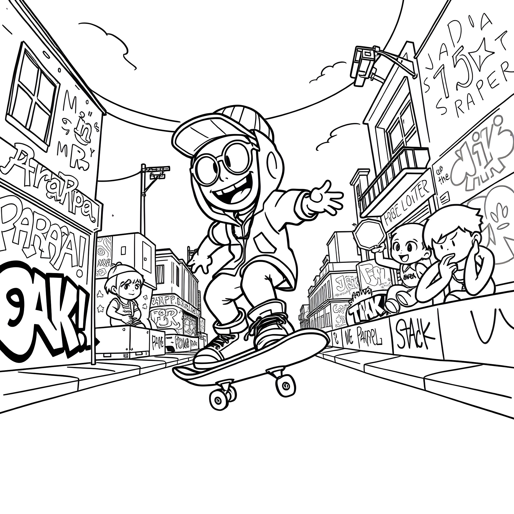 Parappa Skates Through the Lively City Coloring Page (free black-and-white line drawing printable PDF for all, from beginners to advanced learners, including children, teens, adults, and seniors)