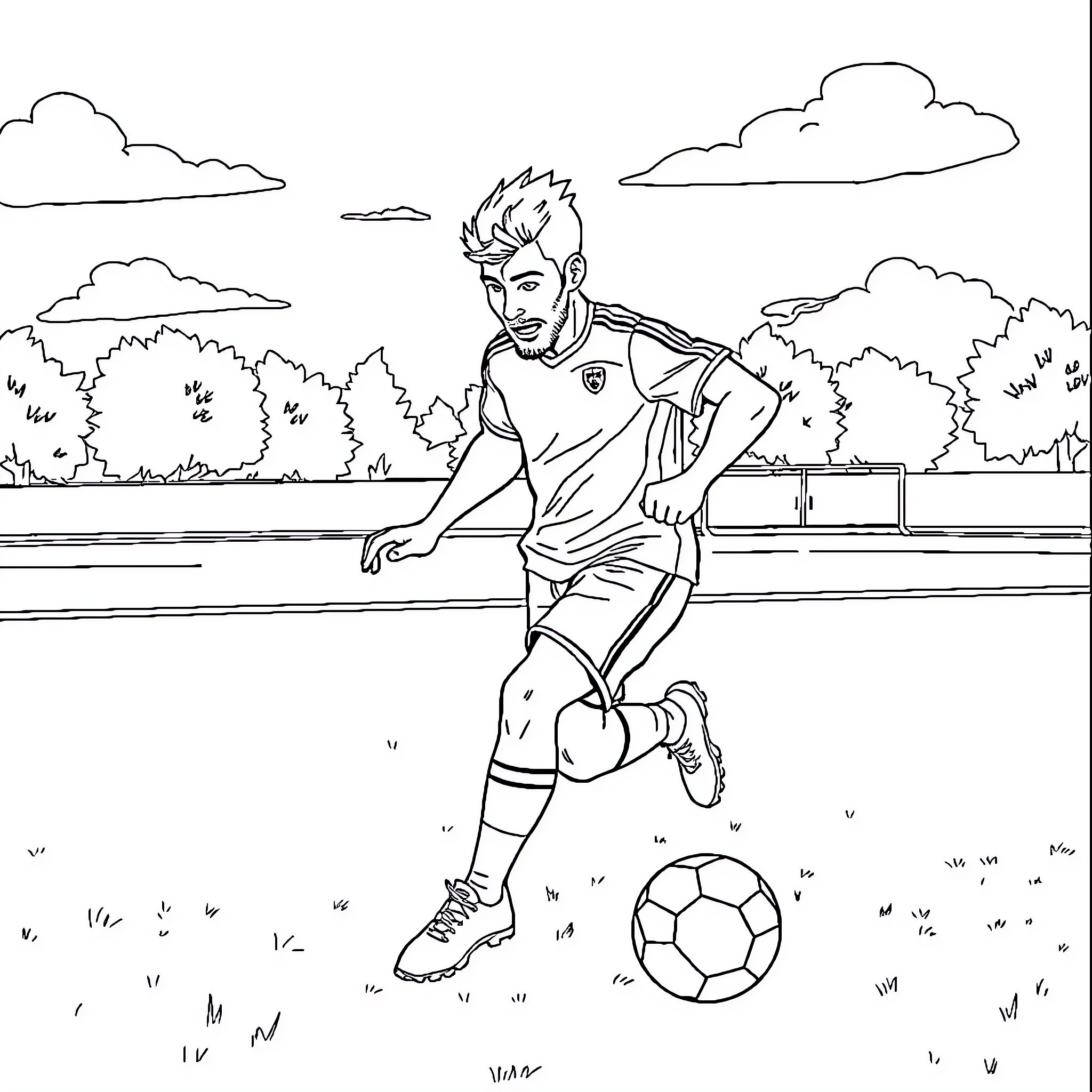 Venom Soccer Player Dribbling on the Field Coloring Page (free black-and-white line drawing printable PDF for all, from beginners to advanced learners, including children, teens, adults, and seniors)