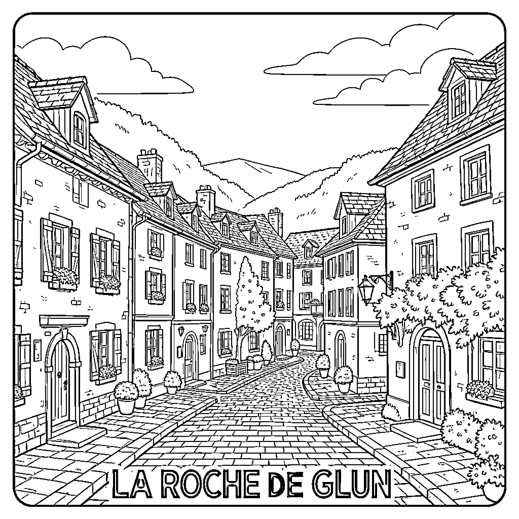 Roche street view of charming European village buildings Coloring Page (free black-and-white line drawing printable PDF for all, from beginners to advanced learners, including children, teens, adults, and seniors)