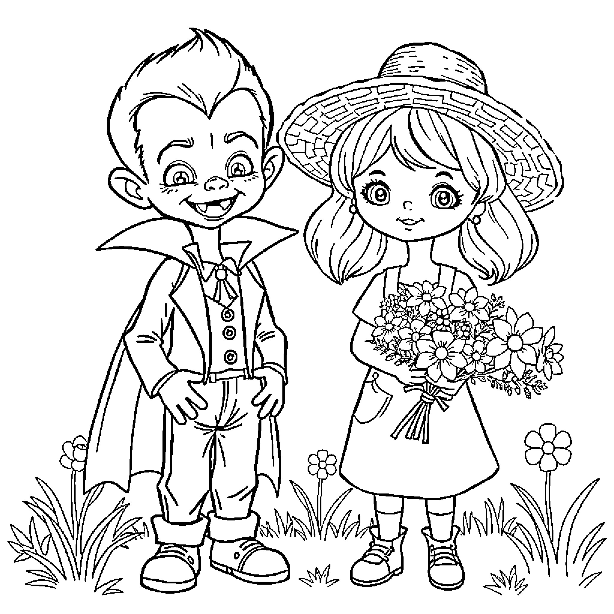 Vampire Boy and Flower Girl in Garden Coloring Page (free black-and-white line drawing printable PDF for all, from beginners to advanced learners, including children, teens, adults, and seniors)