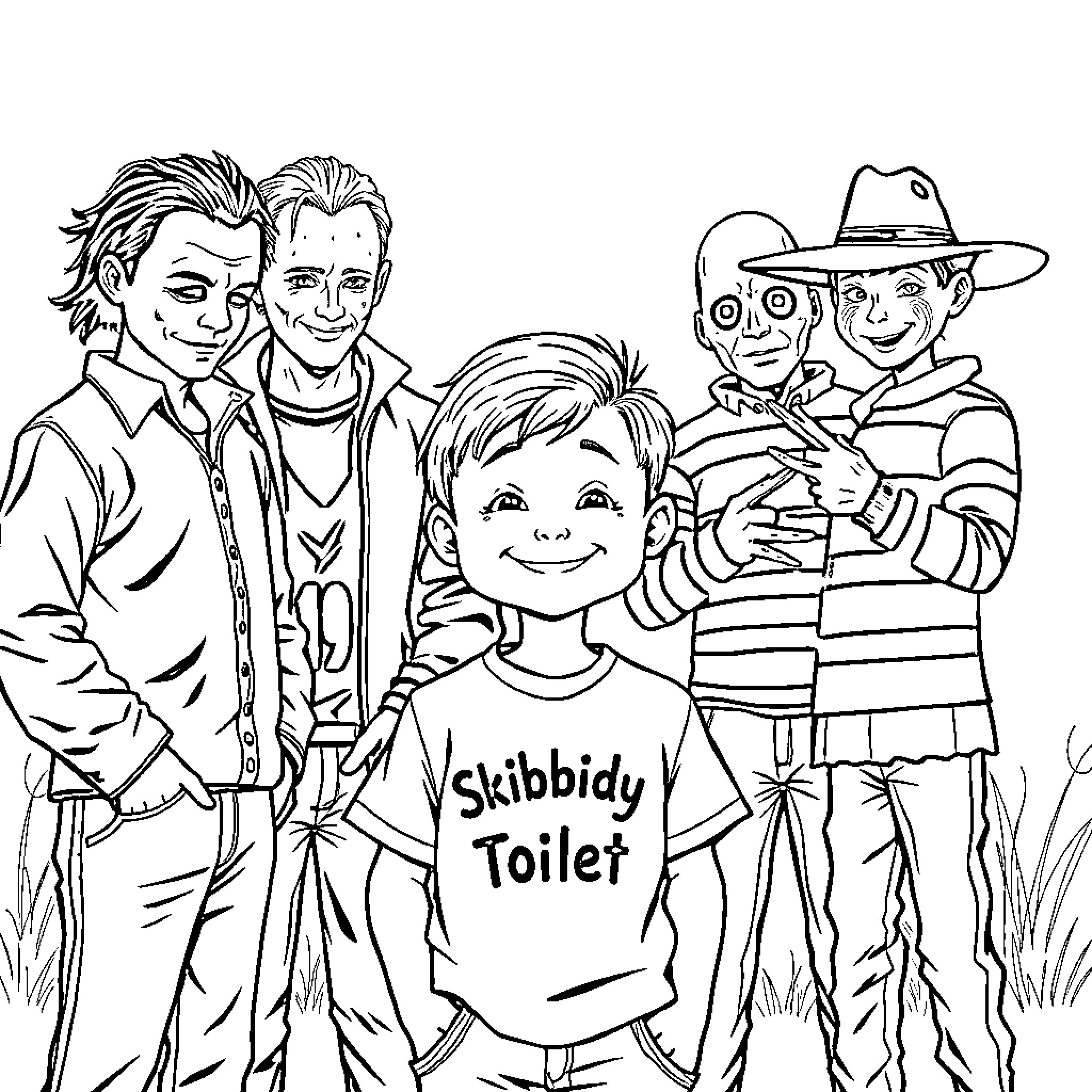 Boy Wearing Funny Shirt Surrounded by Friends Coloring Page (free black-and-white line drawing printable PDF for all, from beginners to advanced learners, including children, teens, adults, and seniors)
