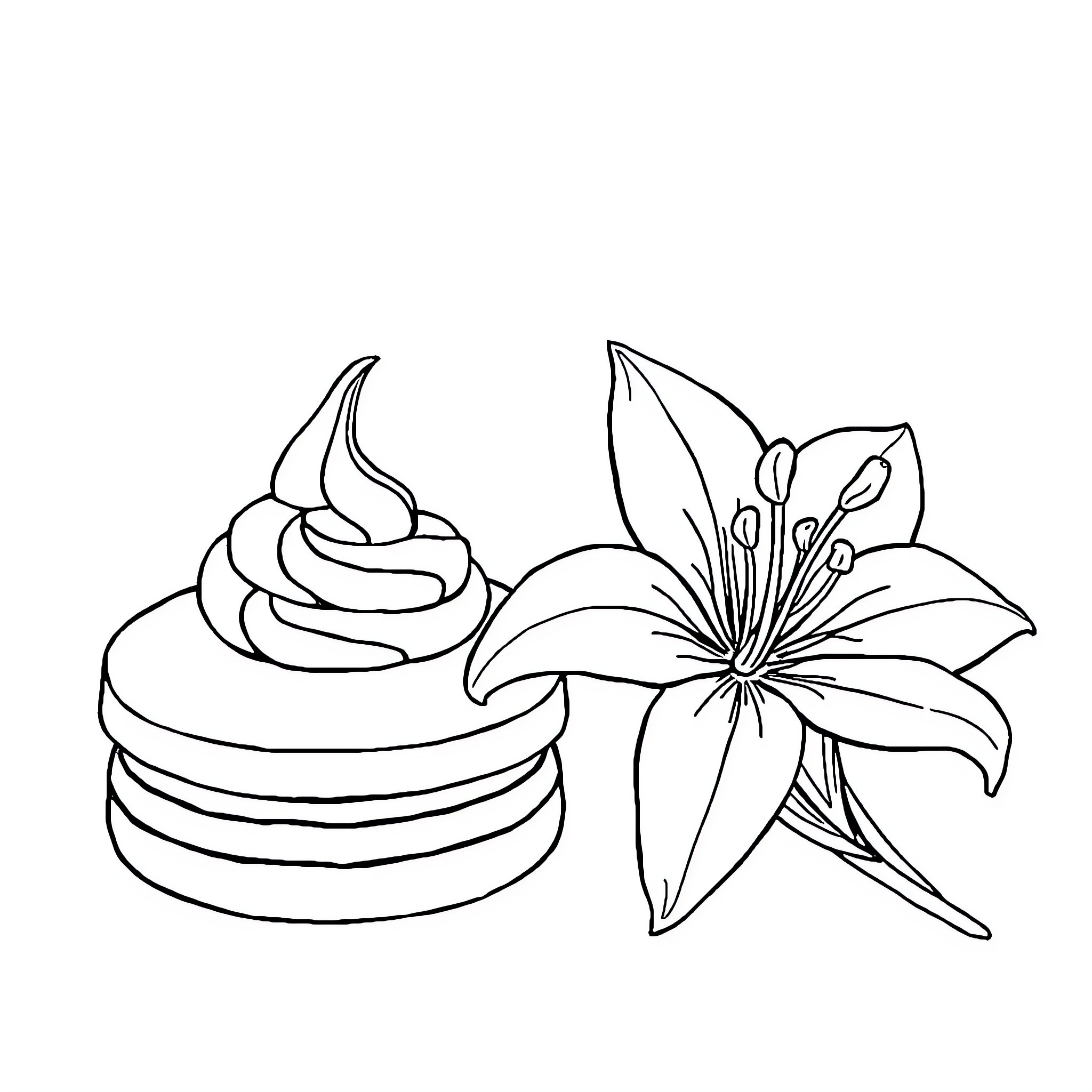 Cookie Decorating with a Blooming Lily Coloring Page (free black-and-white line drawing printable PDF for all, from beginners to advanced learners, including children, teens, adults, and seniors)