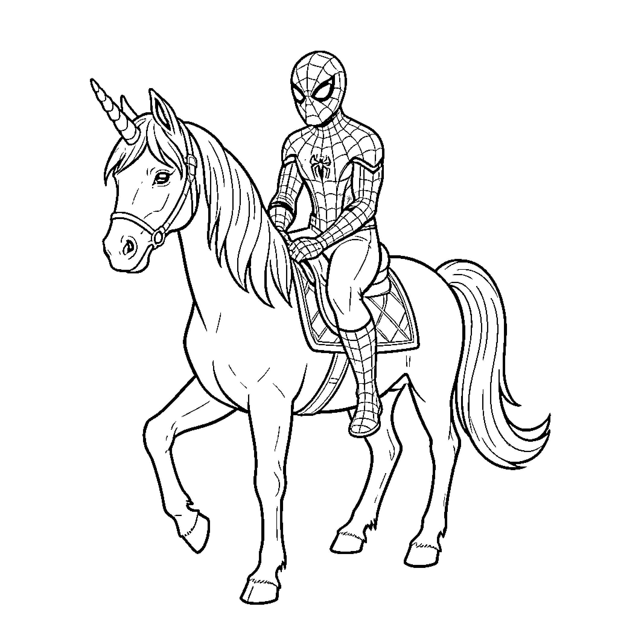Spiderman riding a unicorn through a dreamlike scene Coloring Page (free black-and-white line drawing printable PDF for all, from beginners to advanced learners, including children, teens, adults, and seniors)