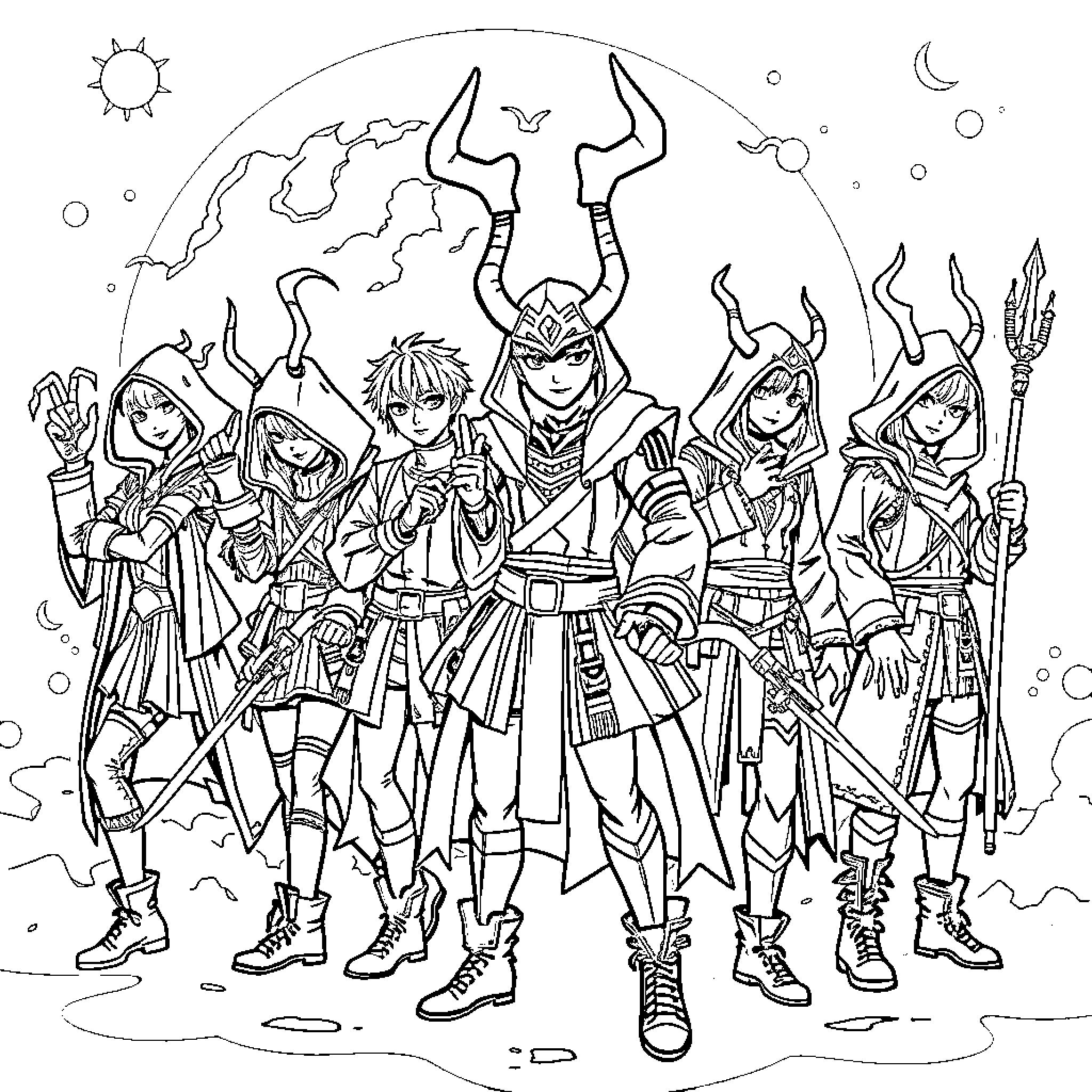 Kpop Demon Hunter: Heroic Team Battling Supernatural Forces Coloring Page (free black-and-white line drawing printable PDF for all, from beginners to advanced learners, including children, teens, adults, and seniors)