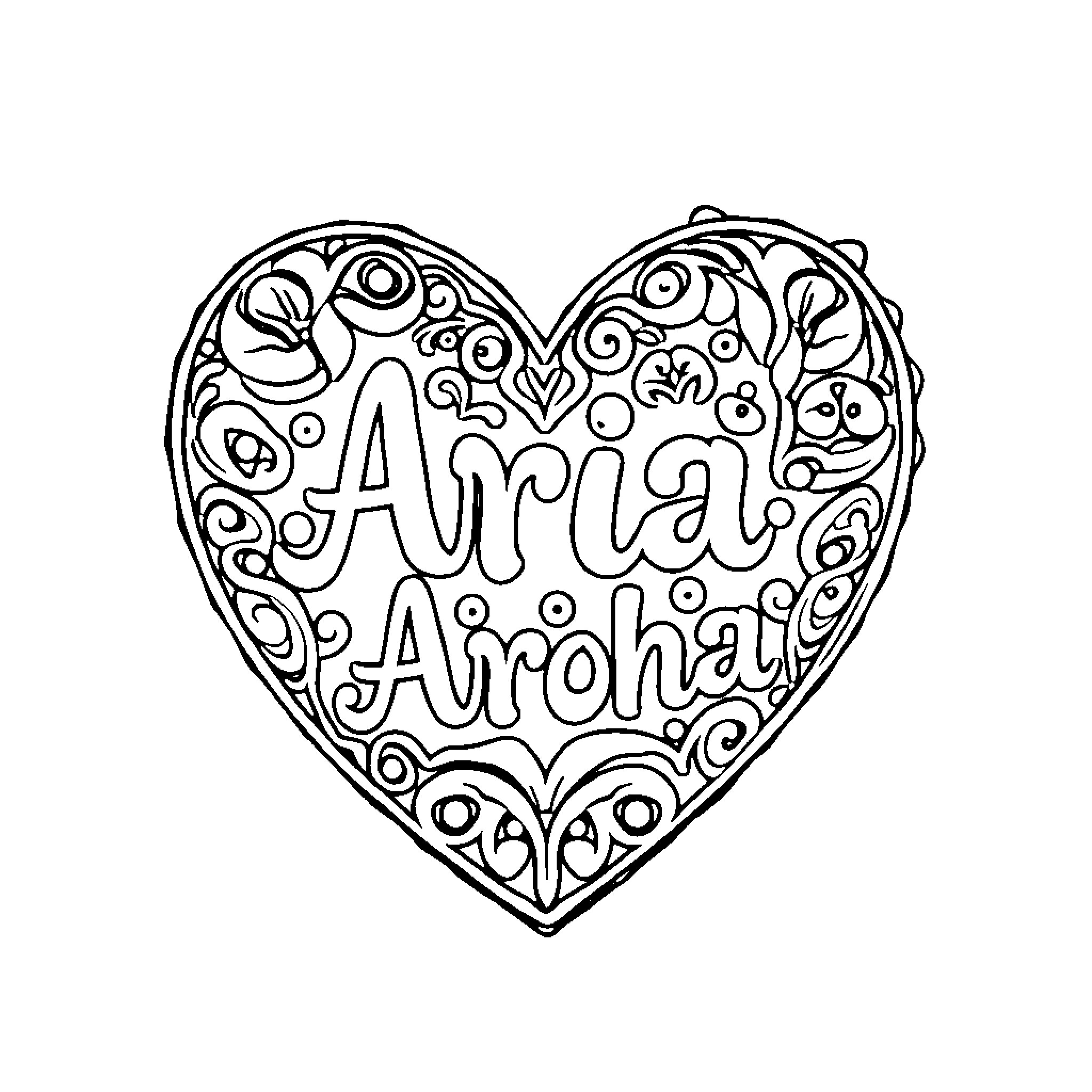 Heart with Floral Designs and Name Coloring Page (free black-and-white line drawing printable PDF for all, from beginners to advanced learners, including children, teens, adults, and seniors)