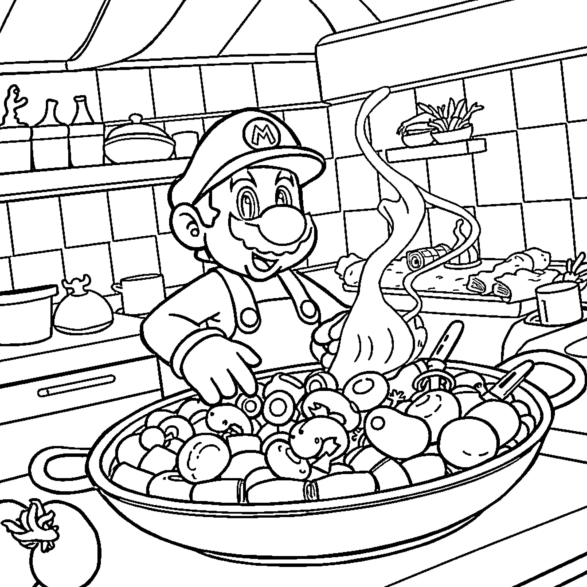 Super Mario Cooking Up a Storm in the Kitchen Coloring Page (free black-and-white line drawing printable PDF for all, from beginners to advanced learners, including children, teens, adults, and seniors)