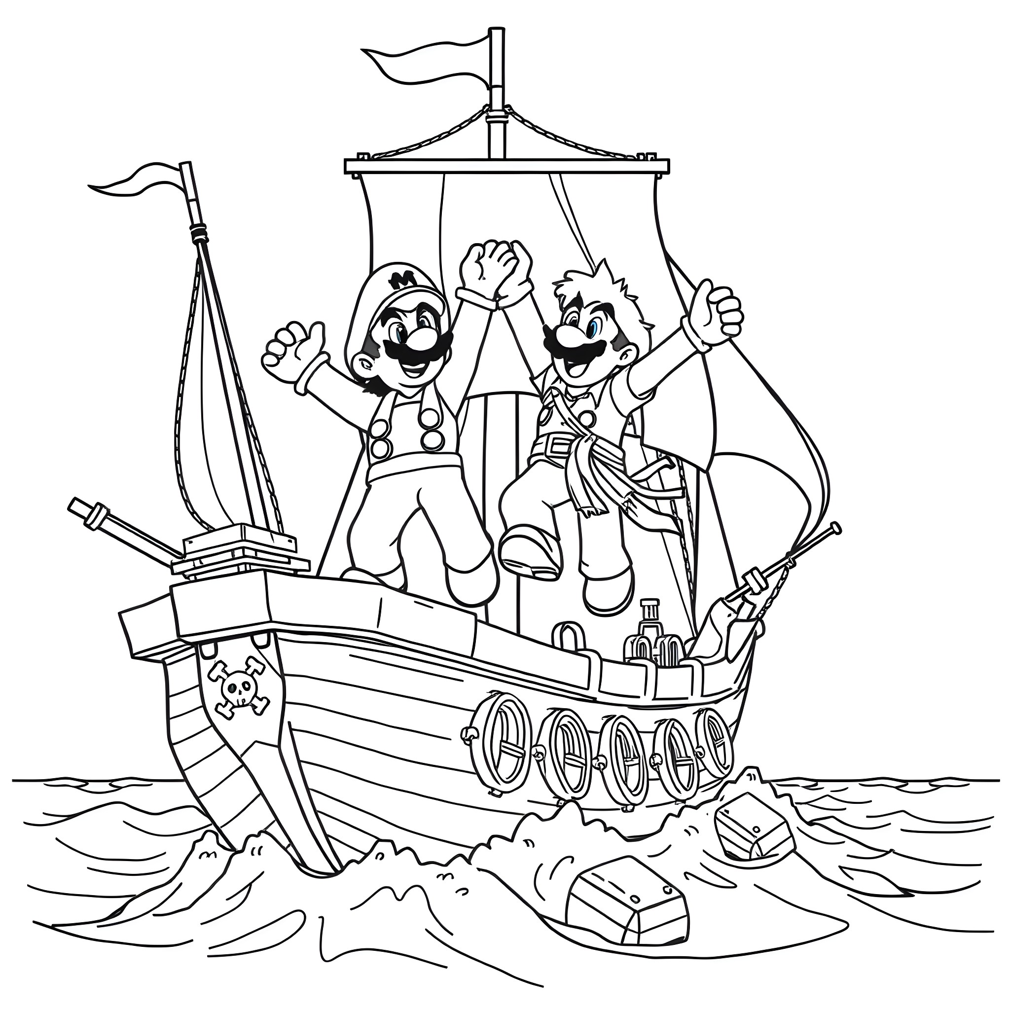 Mario and Luigi celebrating on a pirate ship Coloring Page (free black-and-white line drawing printable PDF for all, from beginners to advanced learners, including children, teens, adults, and seniors)