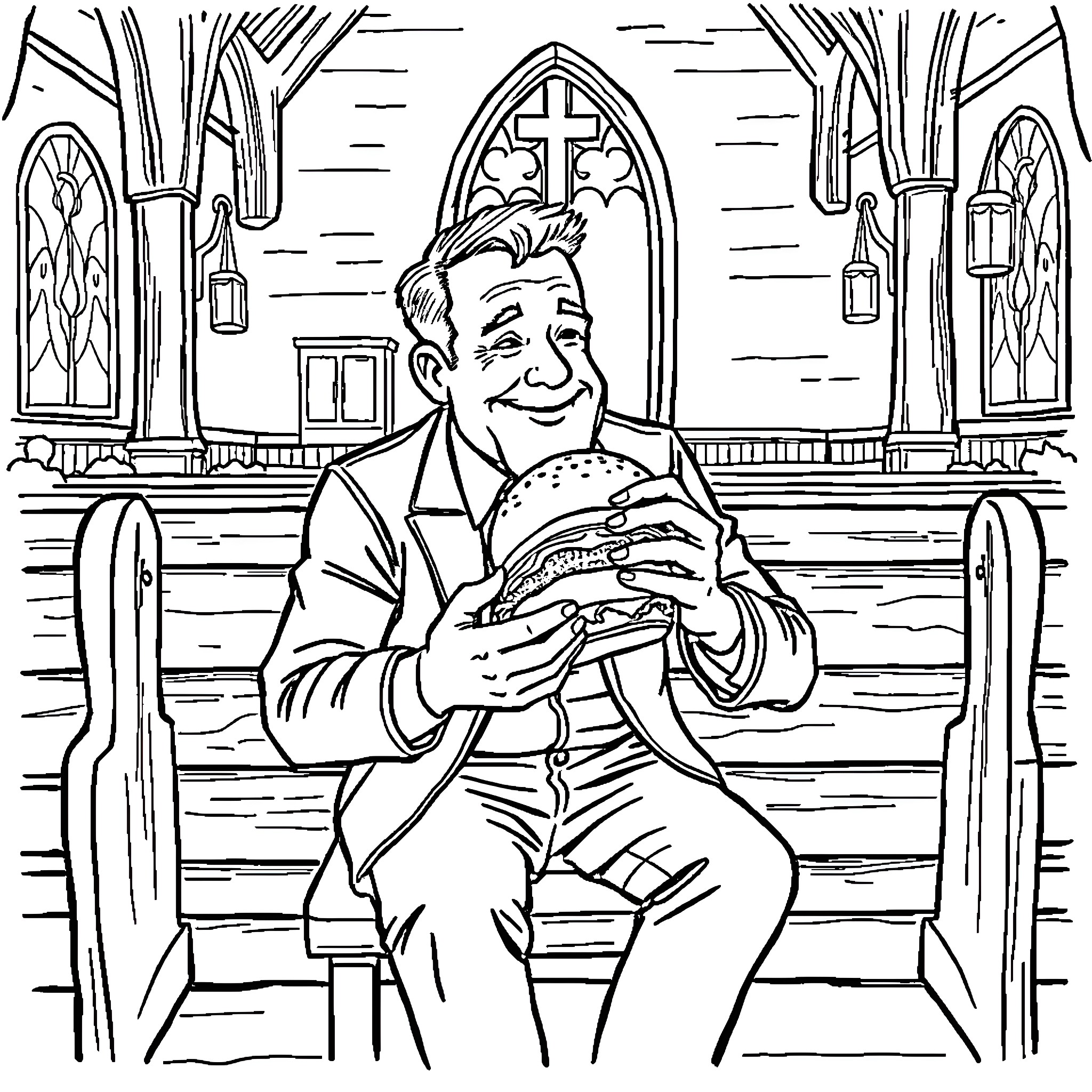 Grant Thigpen enjoying a meal in a church setting Coloring Page (free black-and-white line drawing printable PDF for all, from beginners to advanced learners, including children, teens, adults, and seniors)