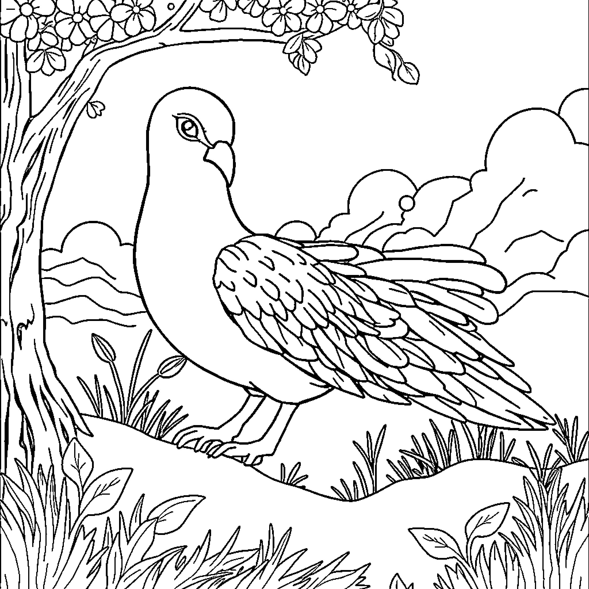 بنت مع طائر جميل في المنتزه Coloring Page (free black-and-white line drawing printable PDF for all, from beginners to advanced learners, including children, teens, adults, and seniors)