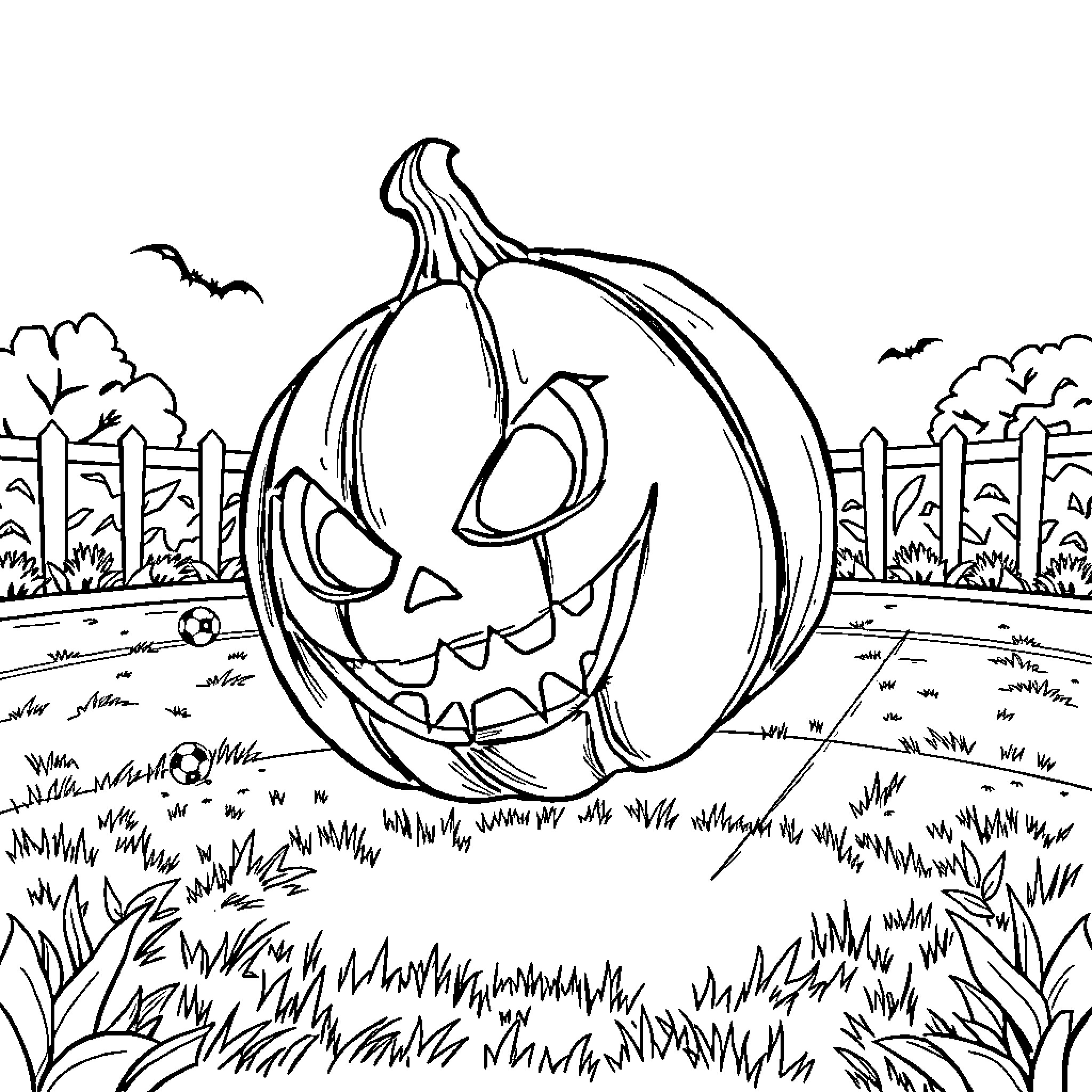 Jack-o'-lantern with spooky expression in autumnal landscape Coloring Page (free black-and-white line drawing printable PDF for all, from beginners to advanced learners, including children, teens, adults, and seniors)