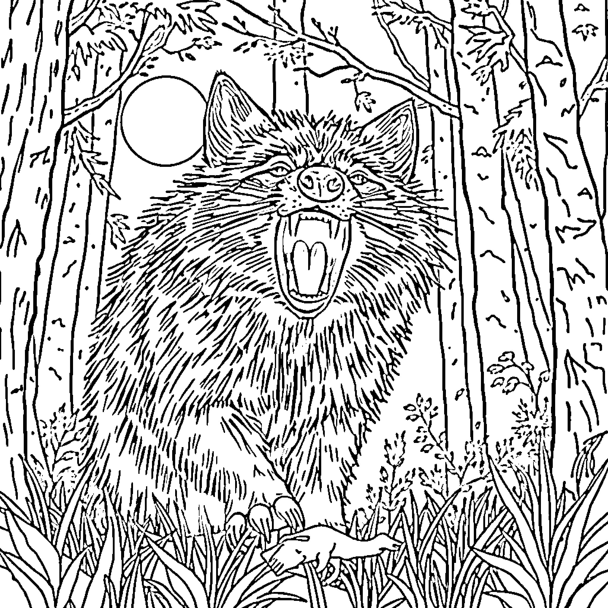 Wolverine's Fierce Growl in the Enchanted Forest Coloring Page (free black-and-white line drawing printable PDF for all, from beginners to advanced learners, including children, teens, adults, and seniors)