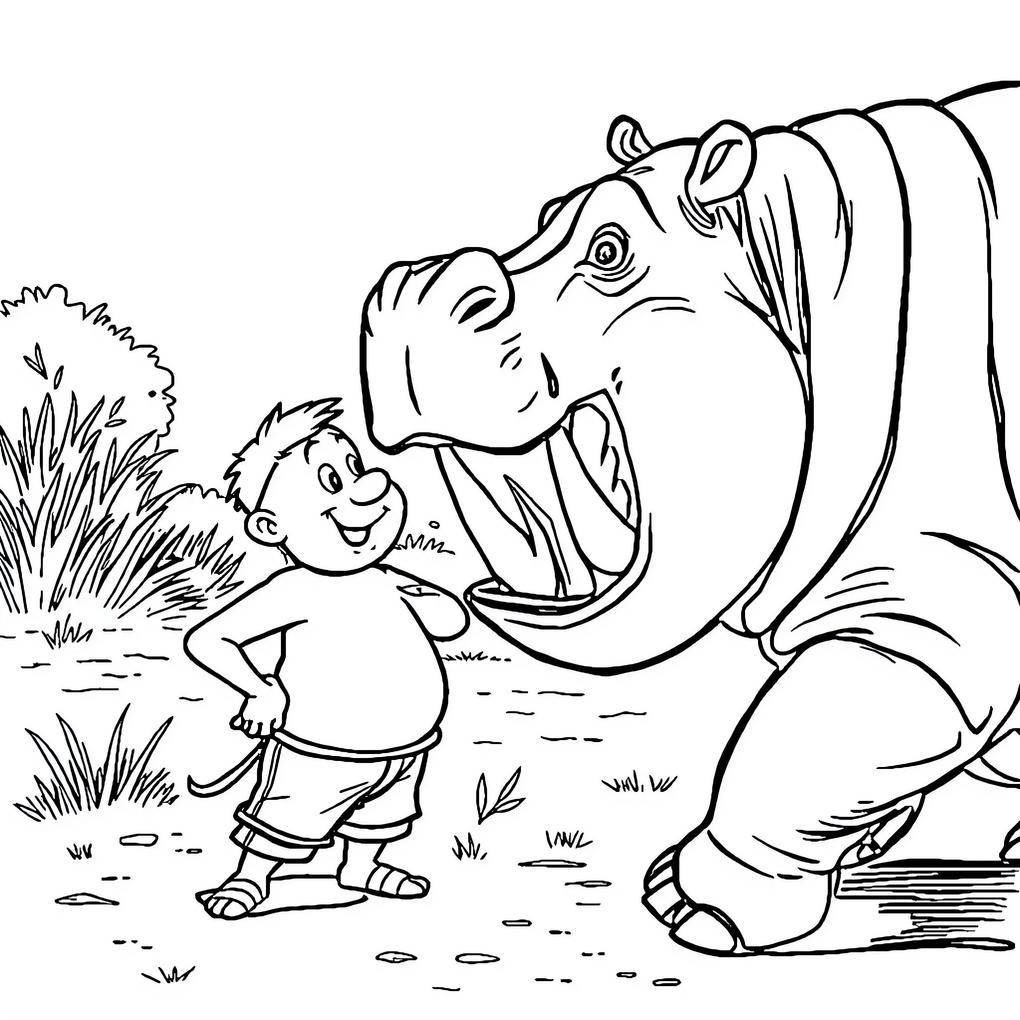 Midget boy befriends curious hippopotamus in the wild Coloring Page (free black-and-white line drawing printable PDF for all, from beginners to advanced learners, including children, teens, adults, and seniors)