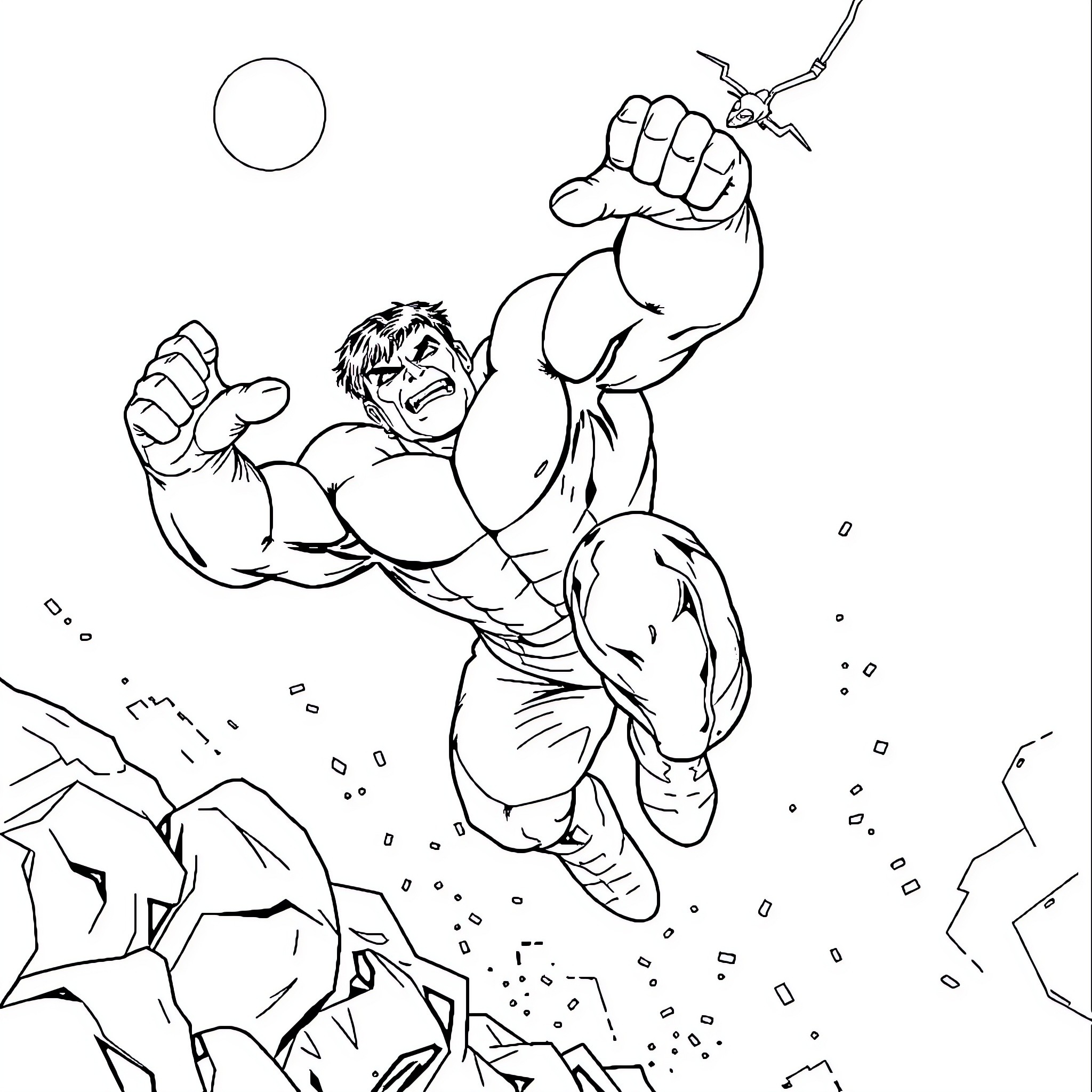 Hulk Smashing Through Rocks and Debris Coloring Page (free black-and-white line drawing printable PDF for all, from beginners to advanced learners, including children, teens, adults, and seniors)