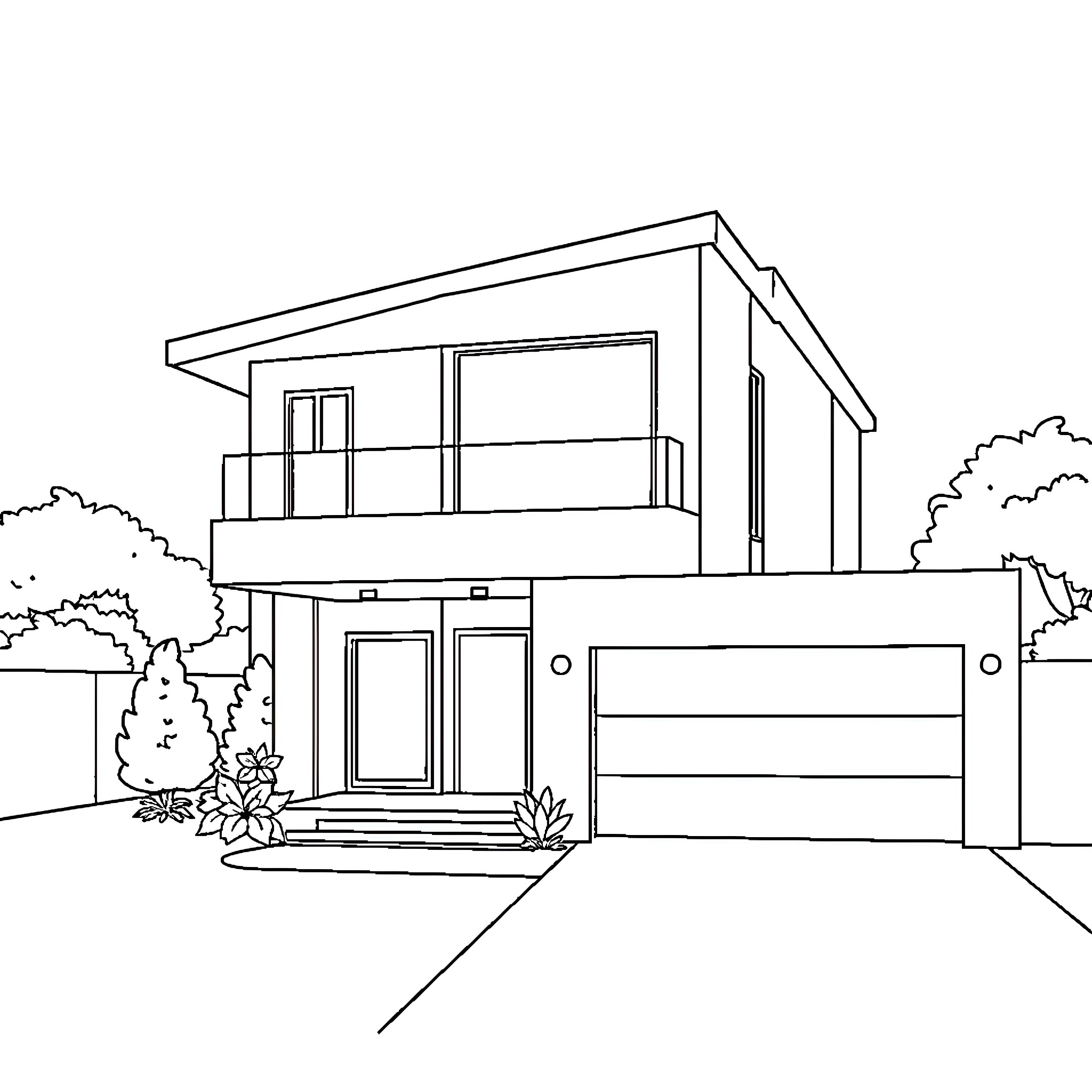 House with modern architectural design Coloring Page (free black-and-white line drawing printable PDF for all, from beginners to advanced learners, including children, teens, adults, and seniors)