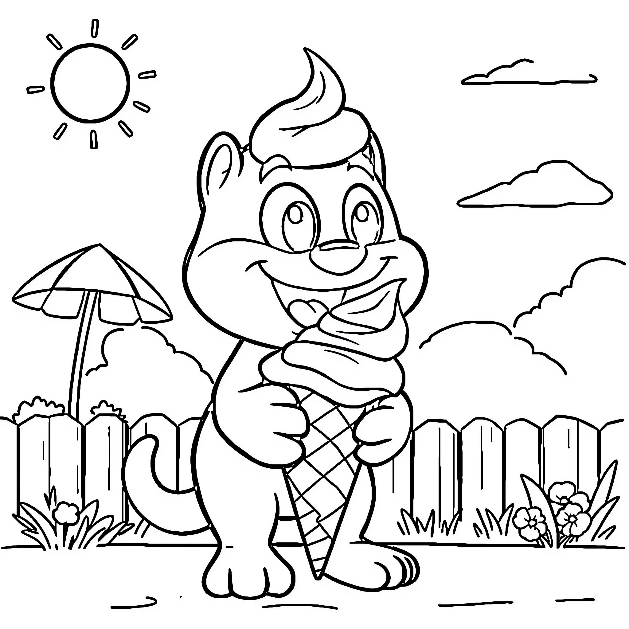 Bluey Enjoying an Ice Cream Cone in the Park Coloring Page (free black-and-white line drawing printable PDF for all, from beginners to advanced learners, including children, teens, adults, and seniors)