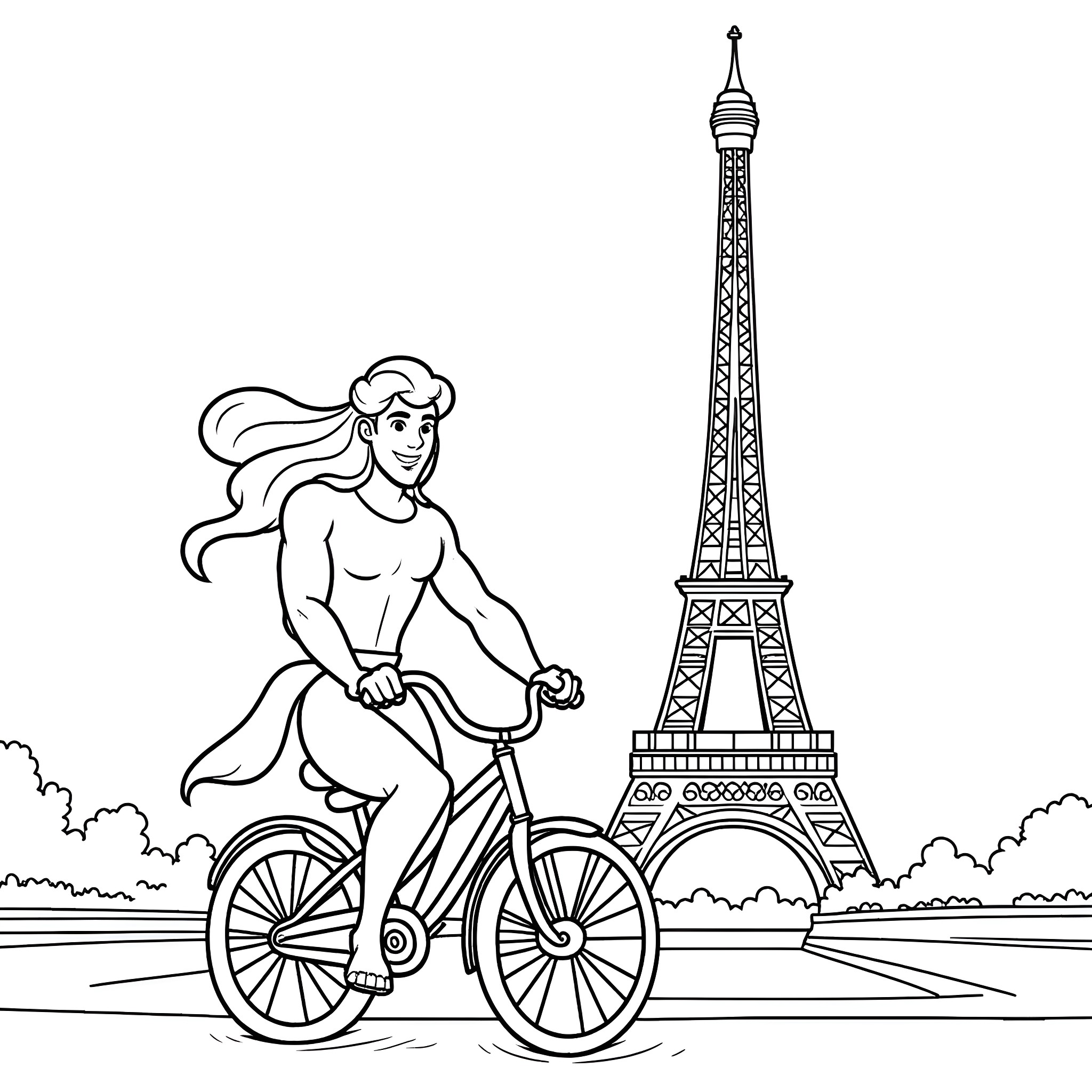 Aladdin riding a bicycle in front of the Eiffel Tower Coloring Page (free black-and-white line drawing printable PDF for all, from beginners to advanced learners, including children, teens, adults, and seniors)