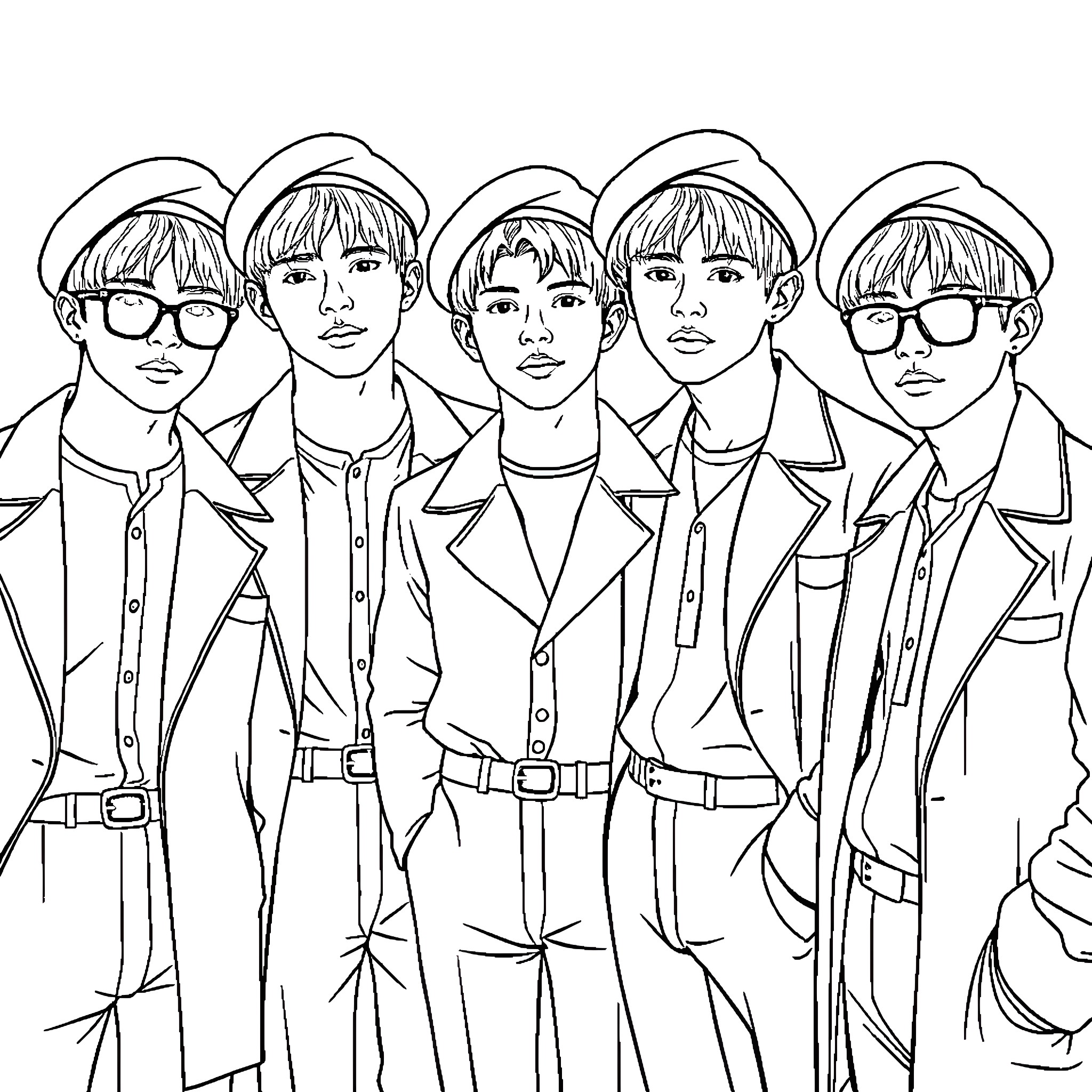 BTS Members Posing in Formal Attire Coloring Page (free black-and-white line drawing printable PDF for all, from beginners to advanced learners, including children, teens, adults, and seniors)