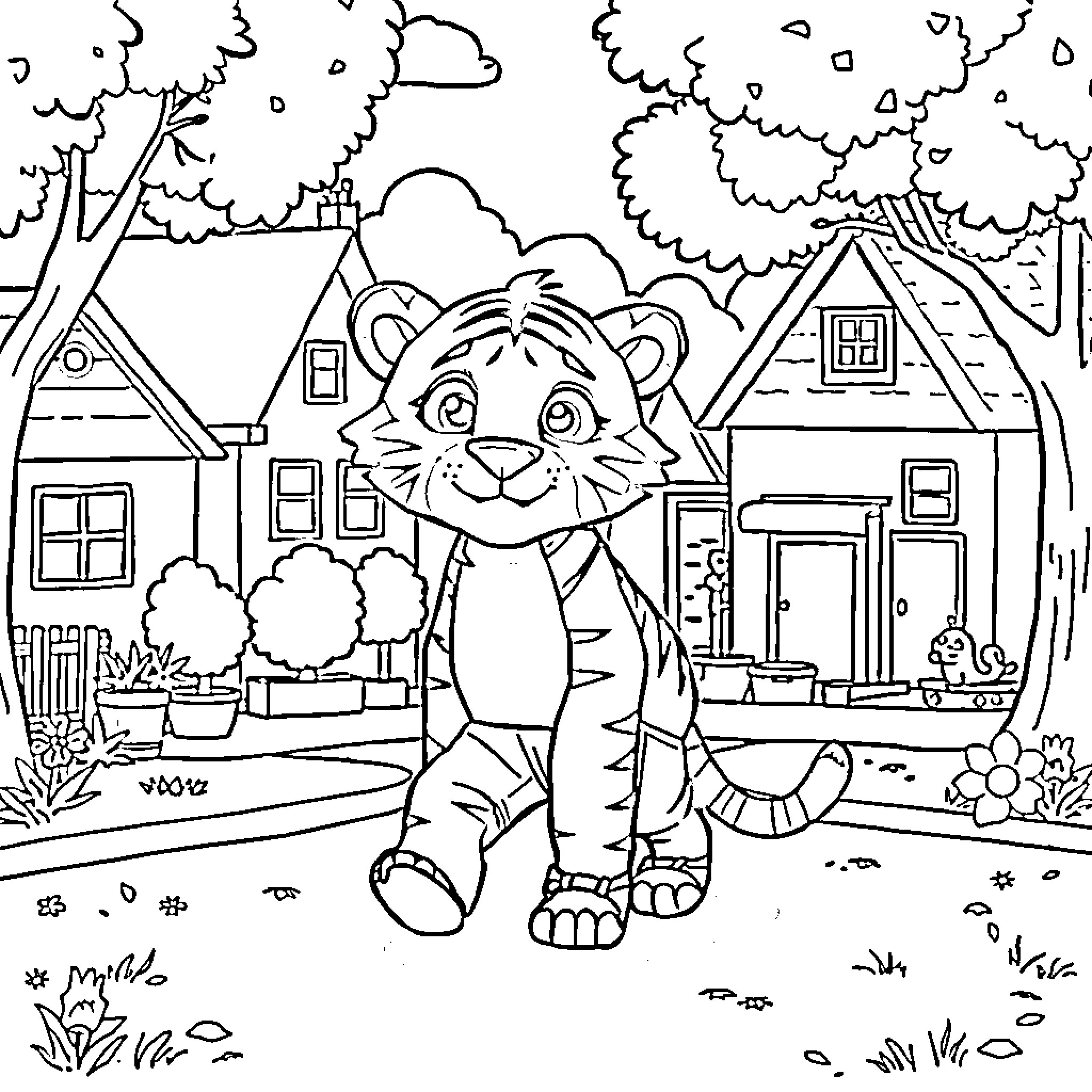 Daniel Tiger exploring a neighborhood scene Coloring Page (free black-and-white line drawing printable PDF for all, from beginners to advanced learners, including children, teens, adults, and seniors)