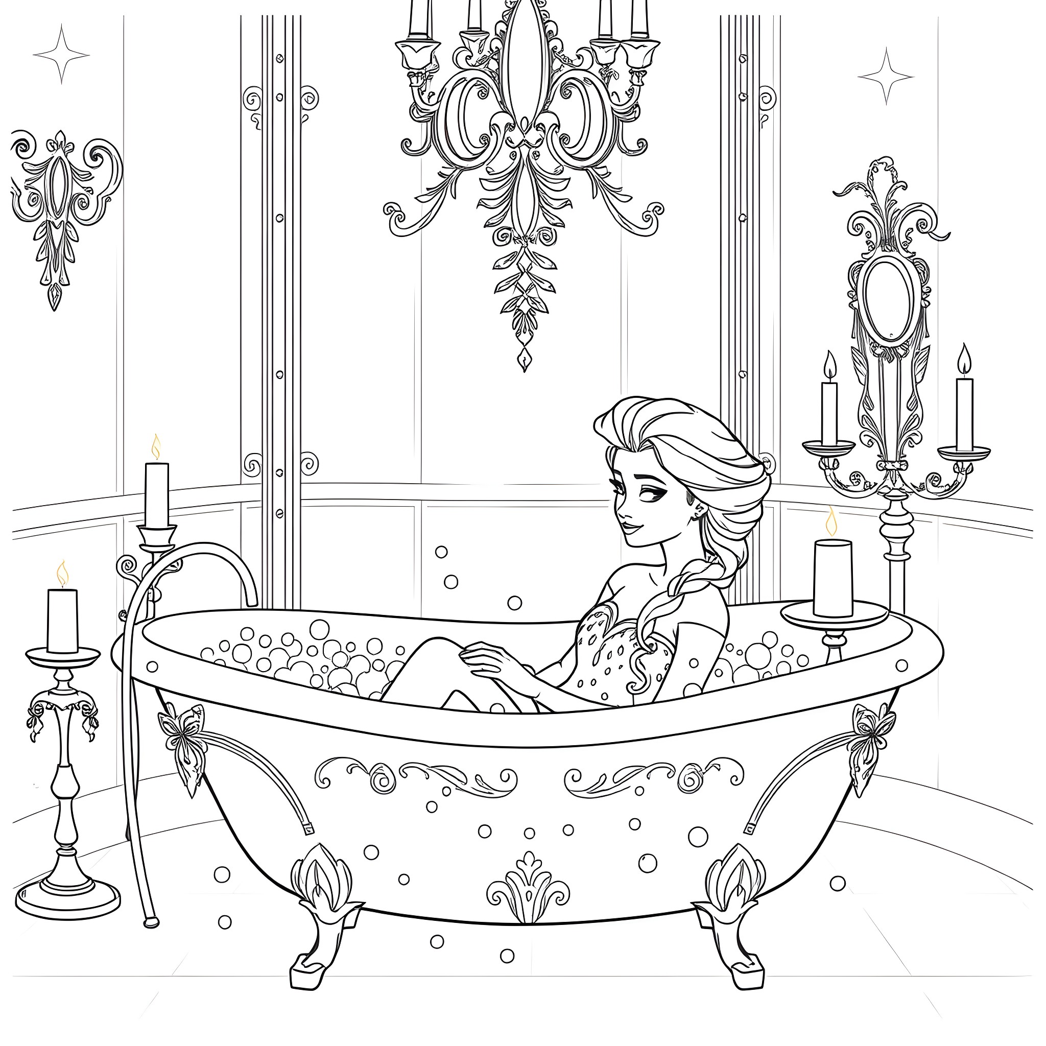 Elsa relaxing in a luxurious bathtub Coloring Page (free black-and-white line drawing printable PDF for all, from beginners to advanced learners, including children, teens, adults, and seniors)