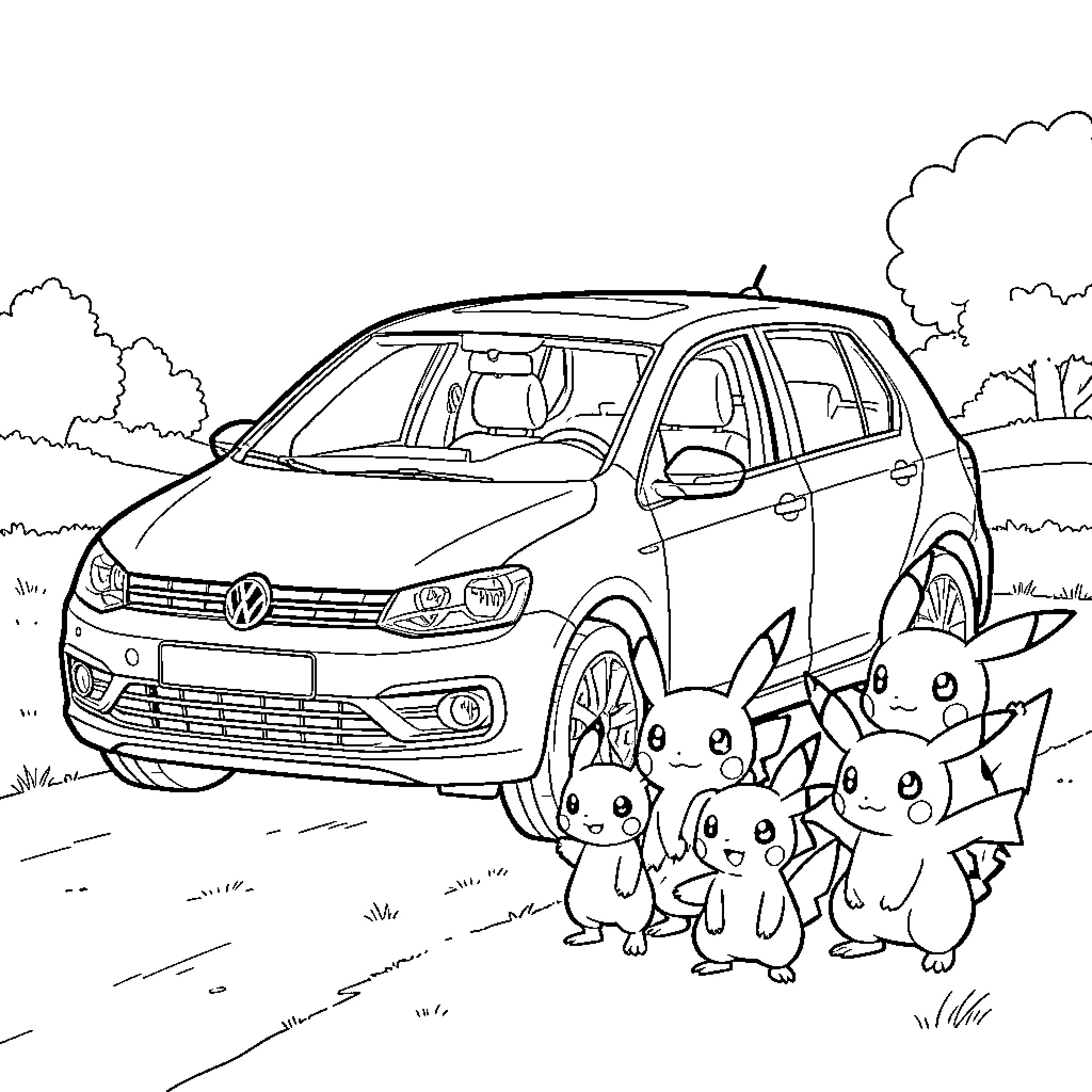 Volkswagen parked near a group of cheerful characters Coloring Page (free black-and-white line drawing printable PDF for all, from beginners to advanced learners, including children, teens, adults, and seniors)