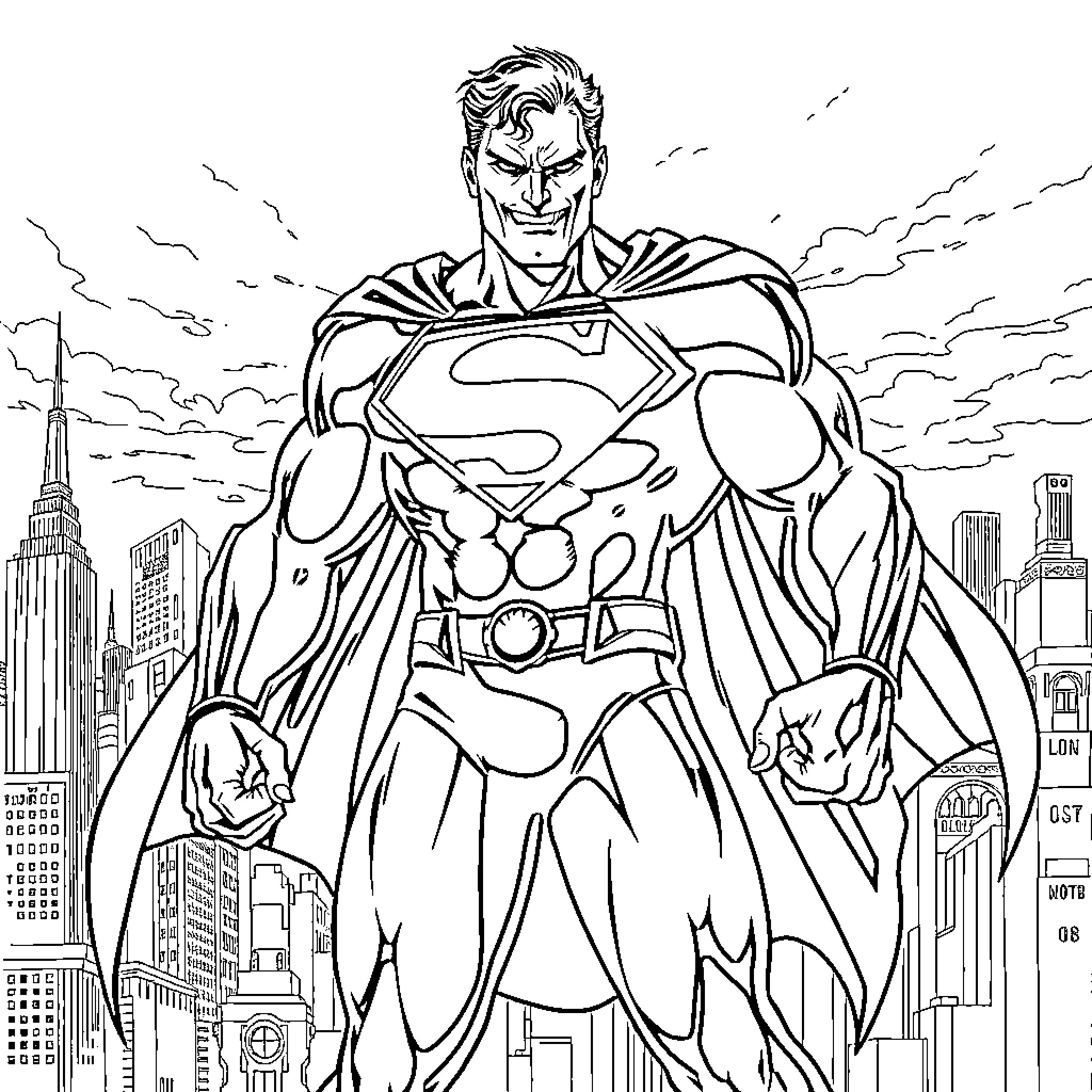 Superman stands heroically in the city skyline Coloring Page (free black-and-white line drawing printable PDF for all, from beginners to advanced learners, including children, teens, adults, and seniors)
