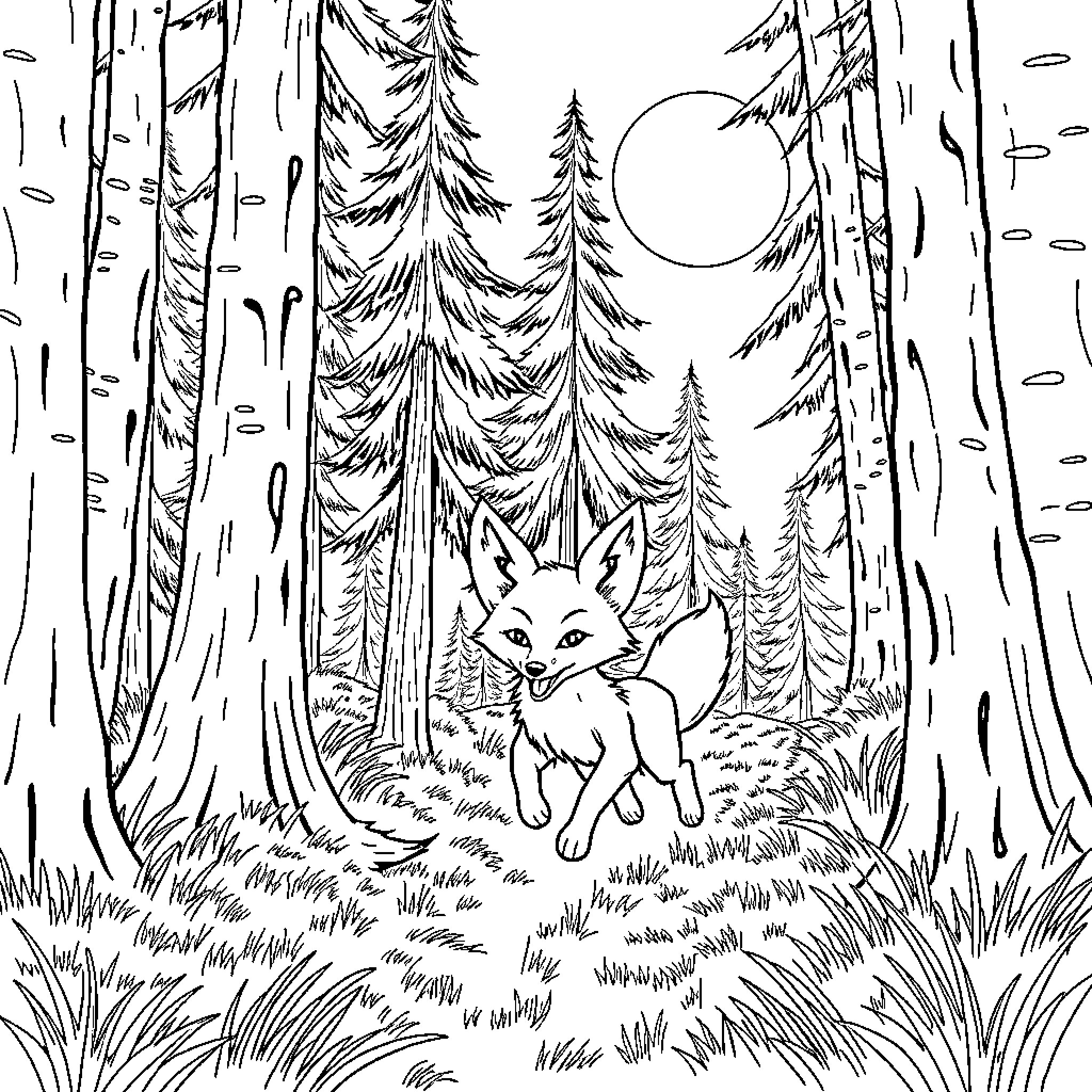Fennec Fox roaming through the moonlit forest Coloring Page (free black-and-white line drawing printable PDF for all, from beginners to advanced learners, including children, teens, adults, and seniors)