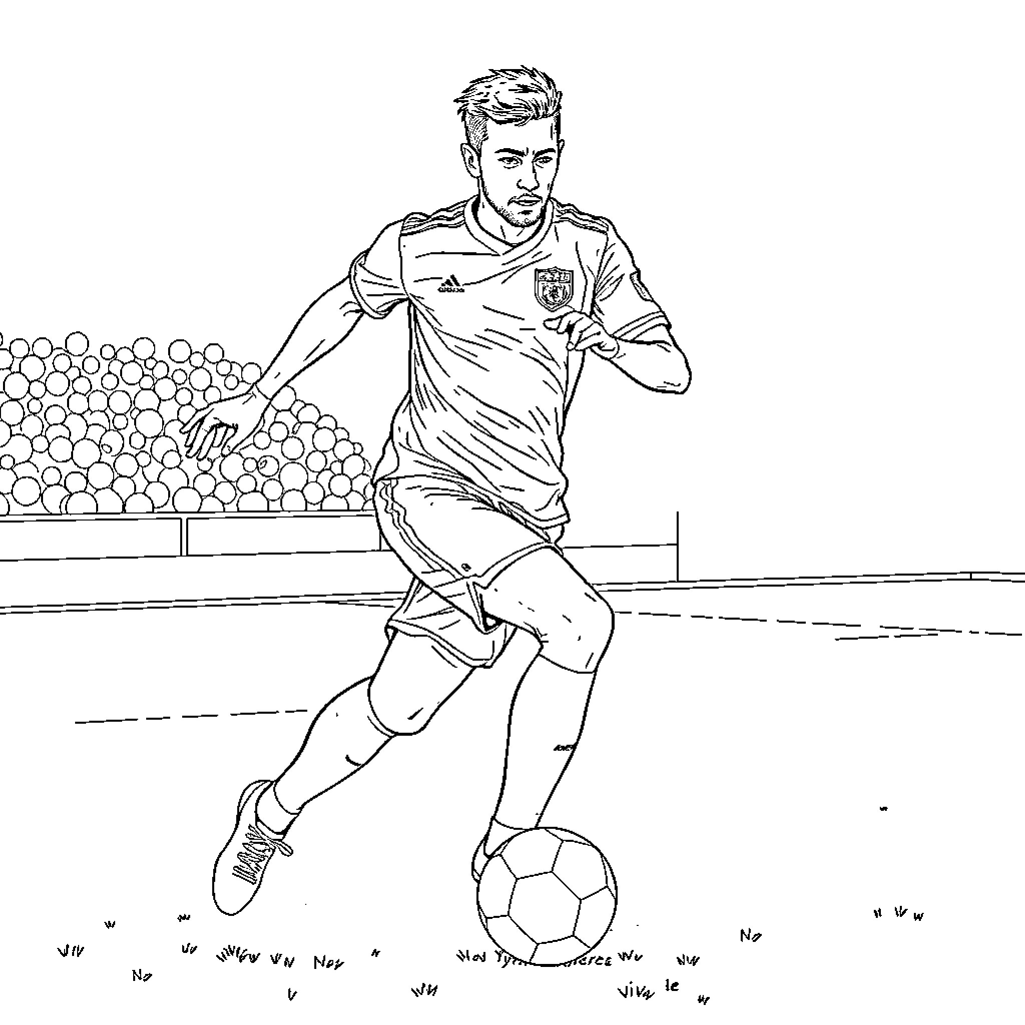 Football Player Dribbling the Ball on the Field Coloring Page (free black-and-white line drawing printable PDF for all, from beginners to advanced learners, including children, teens, adults, and seniors)