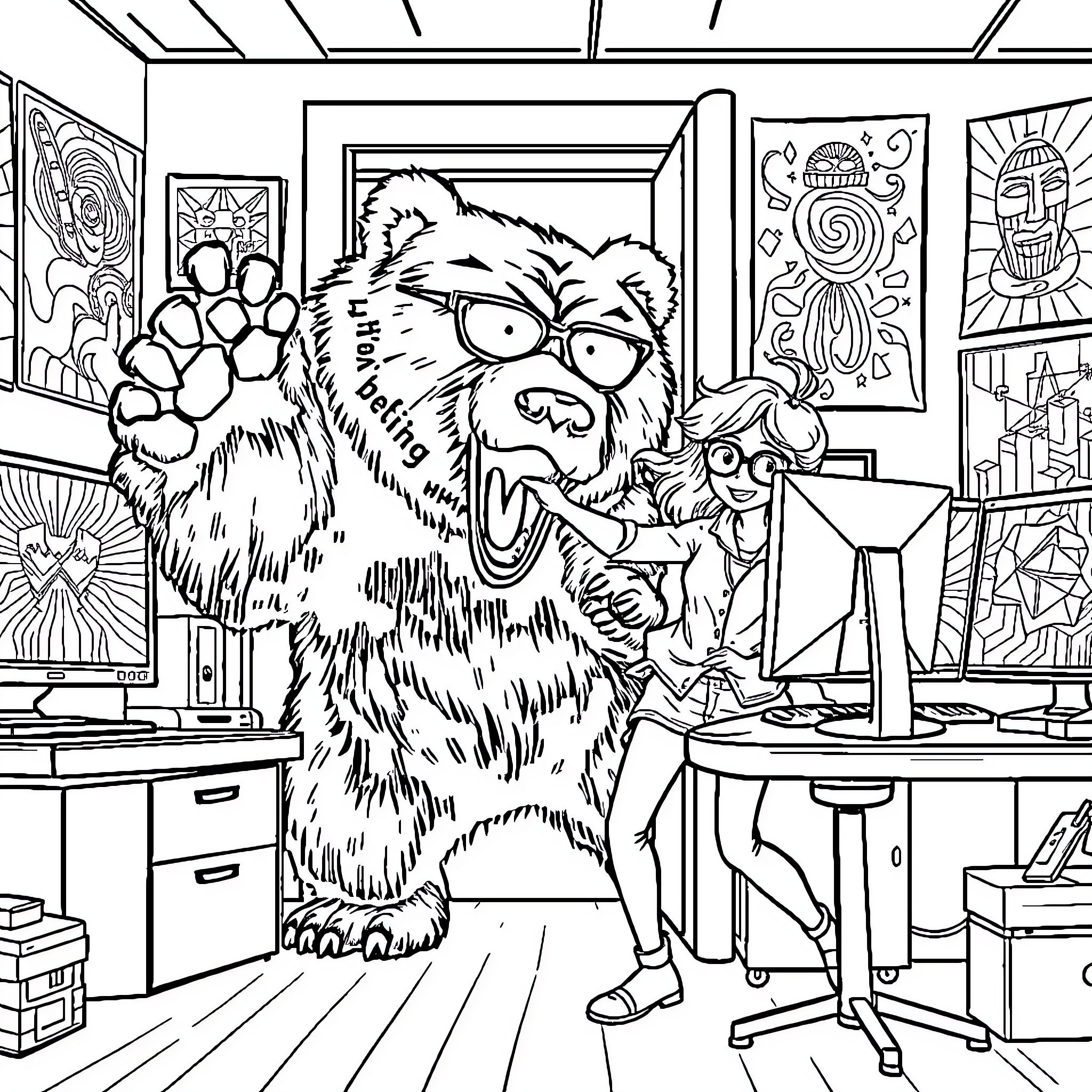 Girl exploring a quirky and whimsical art studio Coloring Page (free black-and-white line drawing printable PDF for all, from beginners to advanced learners, including children, teens, adults, and seniors)
