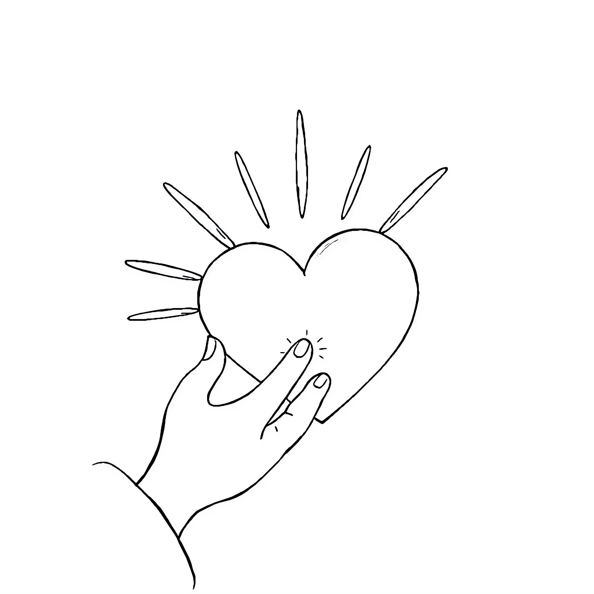 Sunshine Heart Held in Caring Hand Coloring Page (free black-and-white line drawing printable PDF for all, from beginners to advanced learners, including children, teens, adults, and seniors)