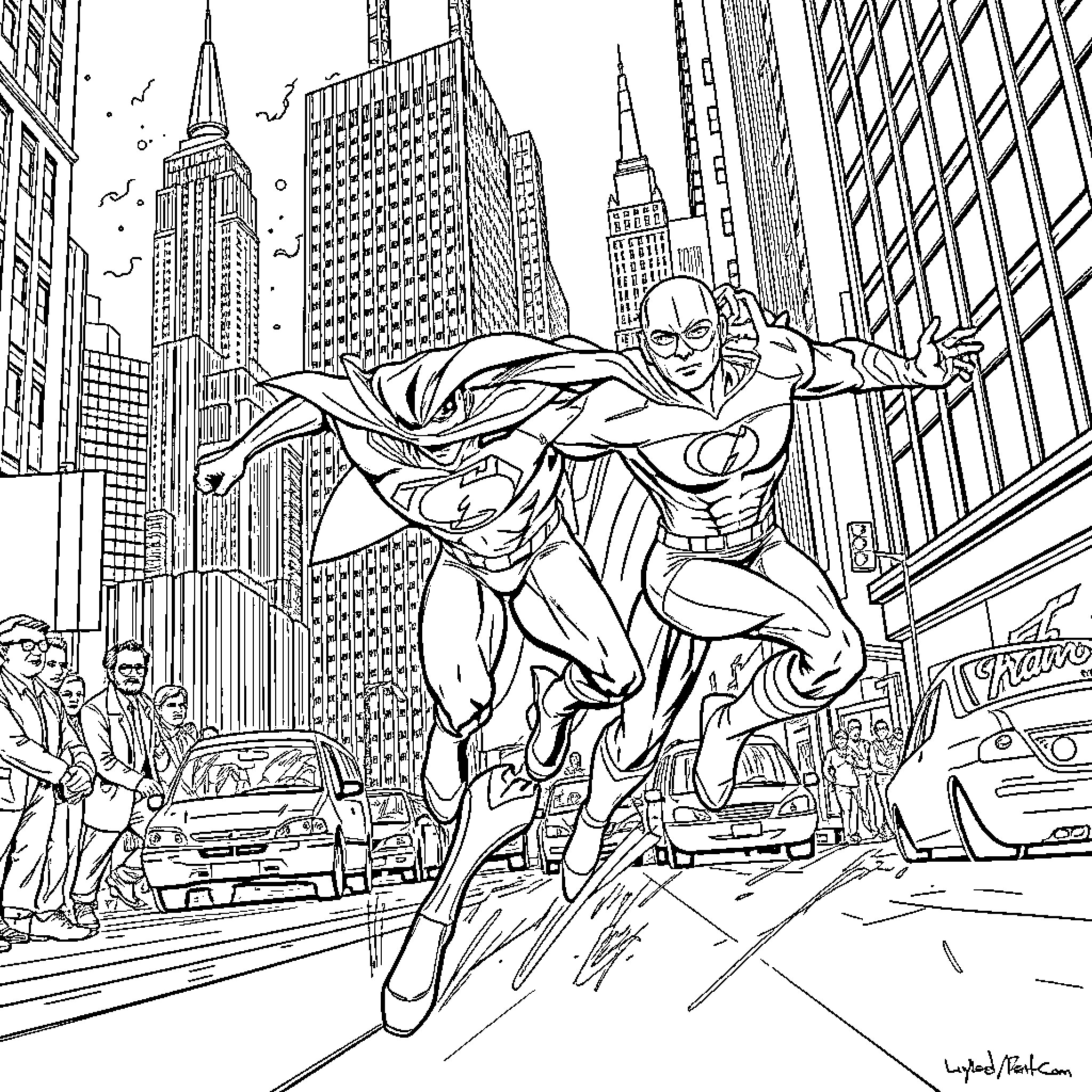 Superman heroically soaring through city skyscrapers Coloring Page (free black-and-white line drawing printable PDF for all, from beginners to advanced learners, including children, teens, adults, and seniors)