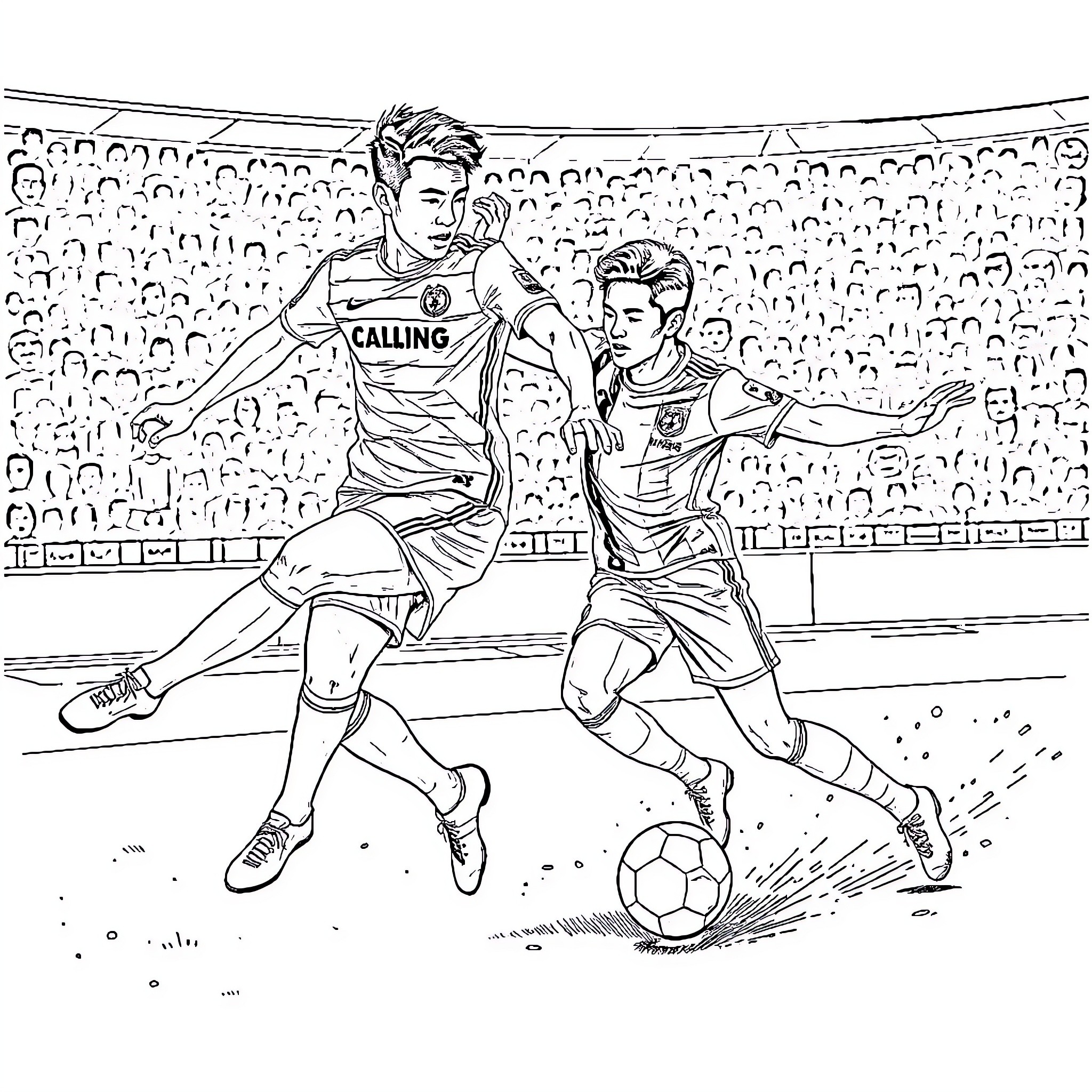 Heung Min Son playing football in the stadium Coloring Page (free black-and-white line drawing printable PDF for all, from beginners to advanced learners, including children, teens, adults, and seniors)