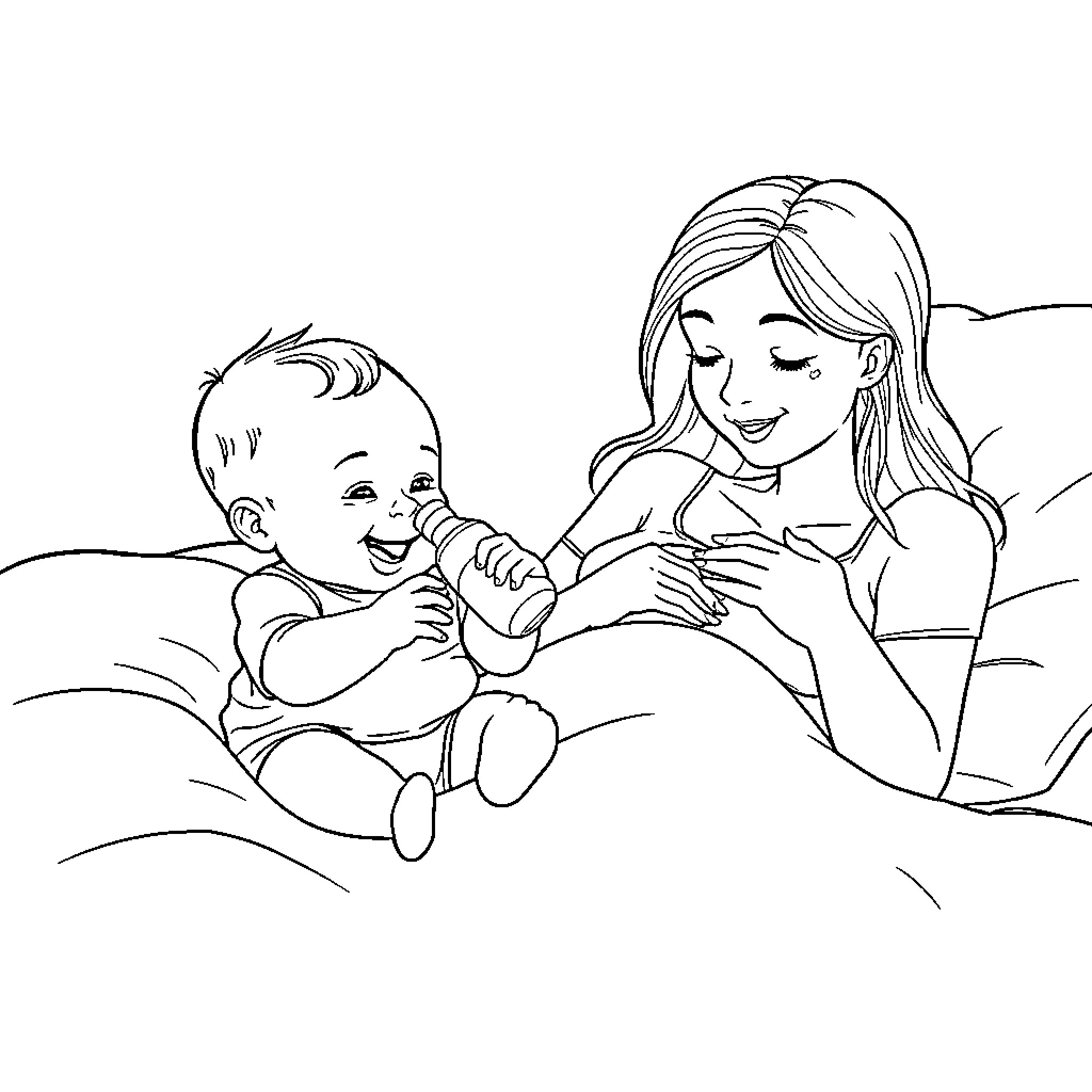 Baby playing joyfully with mother on bed Coloring Page (free black-and-white line drawing printable PDF for all, from beginners to advanced learners, including children, teens, adults, and seniors)