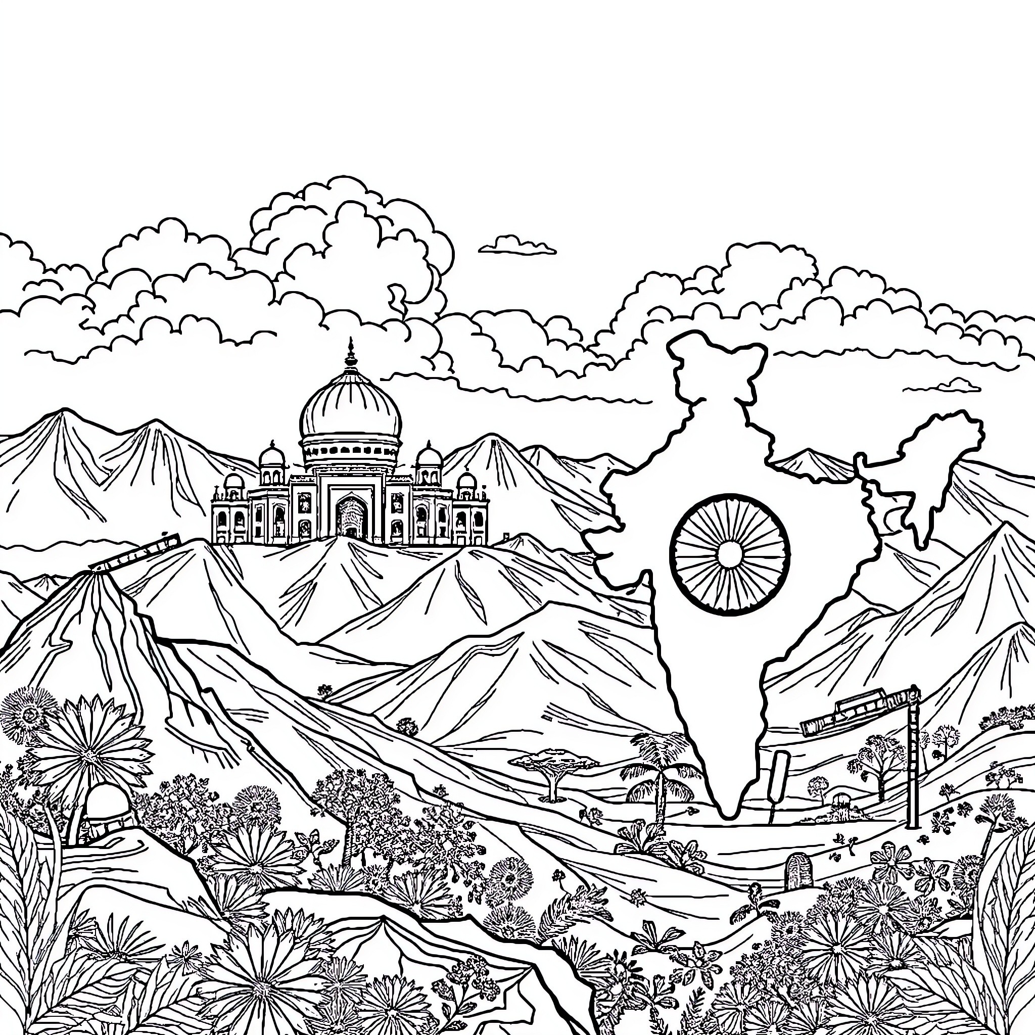 Pakistan India Landscape with Architectural Landmarks Coloring Page (free black-and-white line drawing printable PDF for all, from beginners to advanced learners, including children, teens, adults, and seniors)