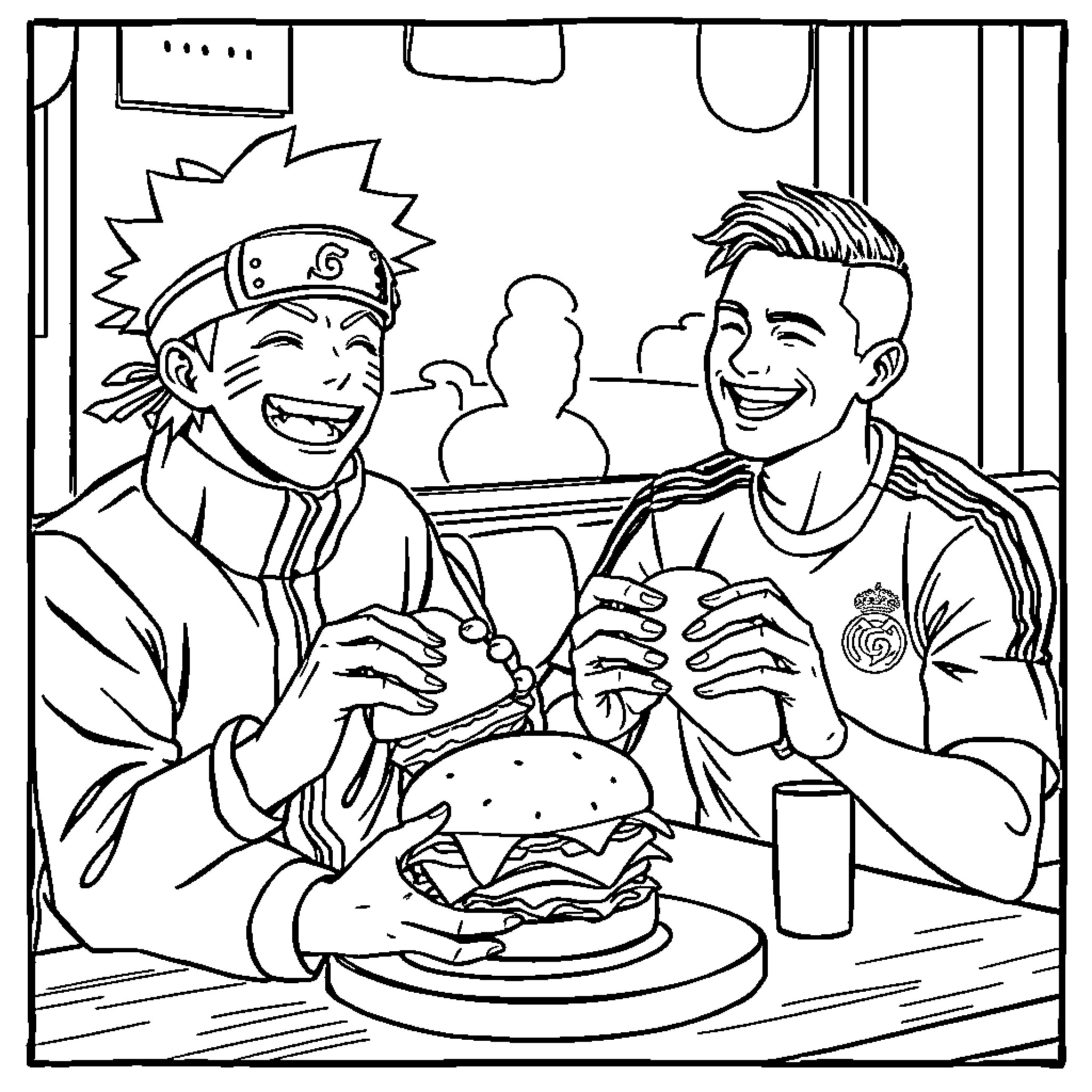 Naruto characters enjoying a burger together Coloring Page (free black-and-white line drawing printable PDF for all, from beginners to advanced learners, including children, teens, adults, and seniors)