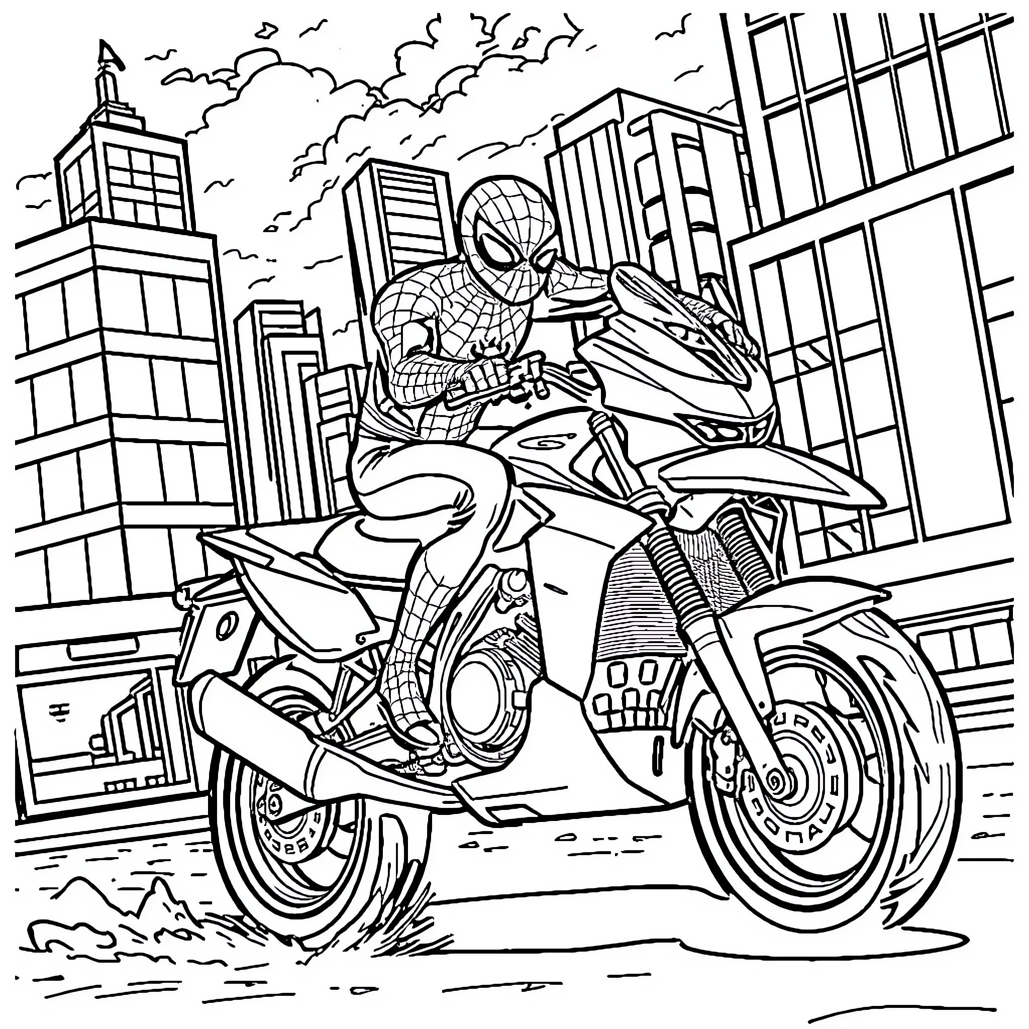 Spiderman riding a motorcycle in the city Coloring Page (free black-and-white line drawing printable PDF for all, from beginners to advanced learners, including children, teens, adults, and seniors)
