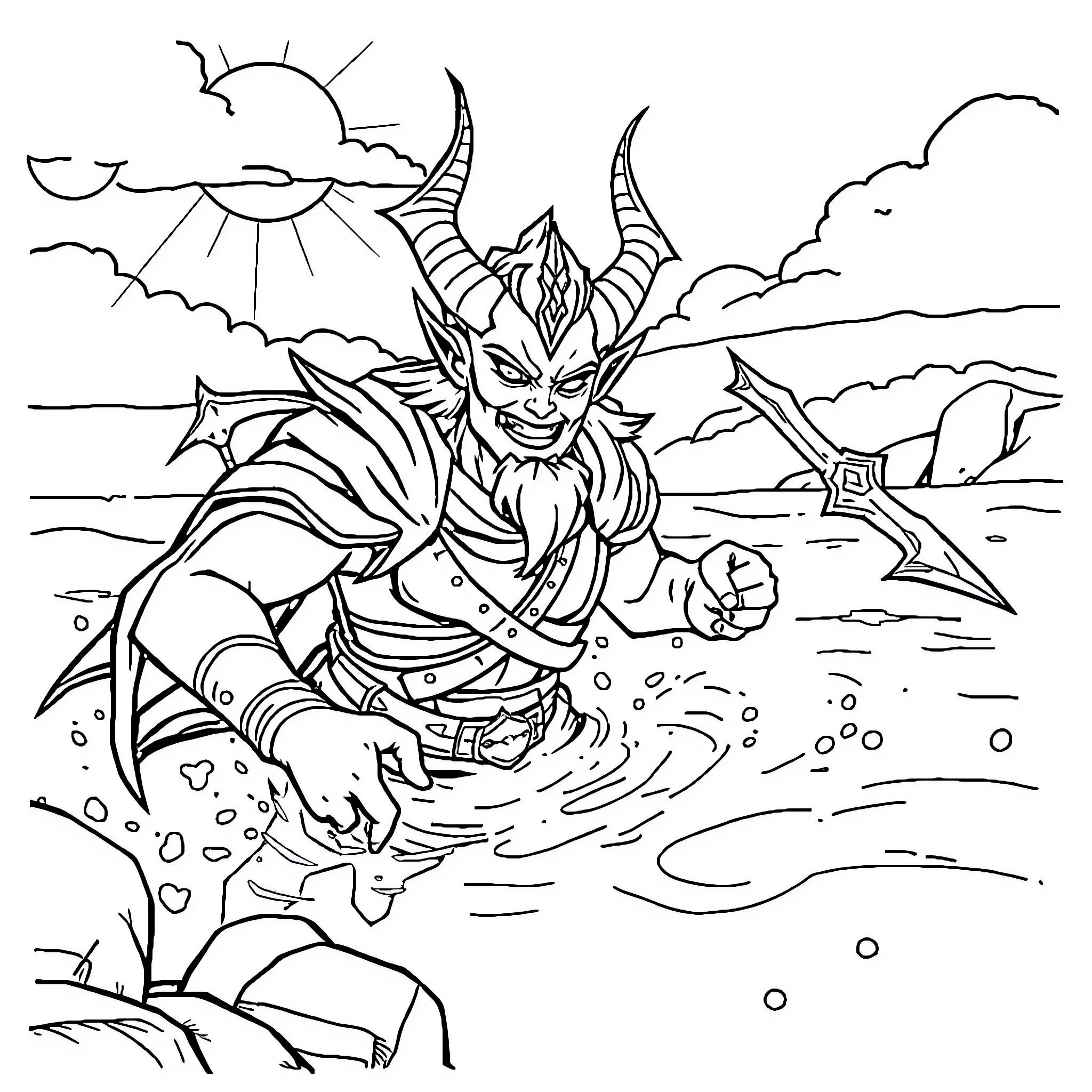 Demon Slayer battling in a scenic landscape Coloring Page (free black-and-white line drawing printable PDF for all, from beginners to advanced learners, including children, teens, adults, and seniors)