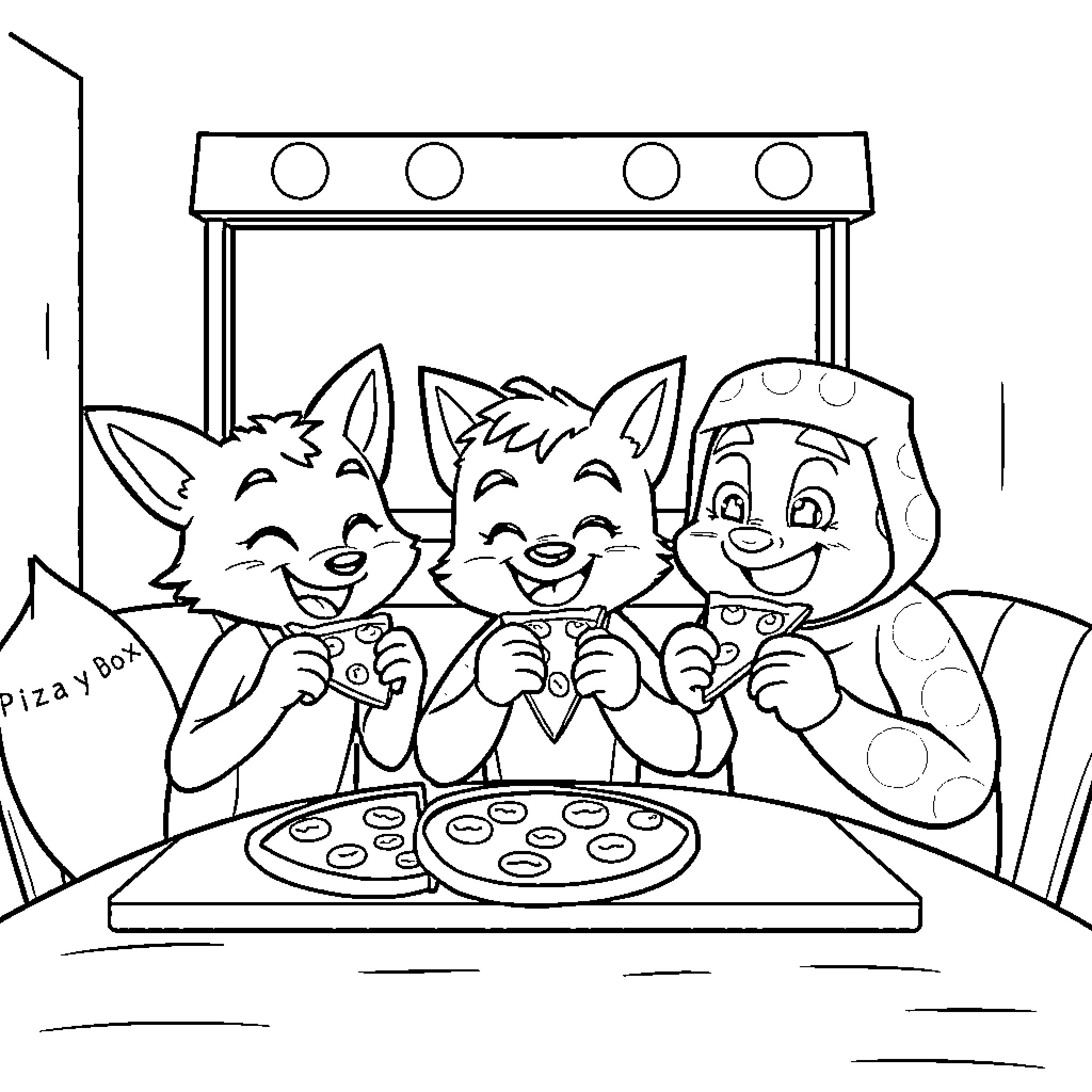 Foxy friends enjoying pizza night Coloring Page (free black-and-white line drawing printable PDF for all, from beginners to advanced learners, including children, teens, adults, and seniors)