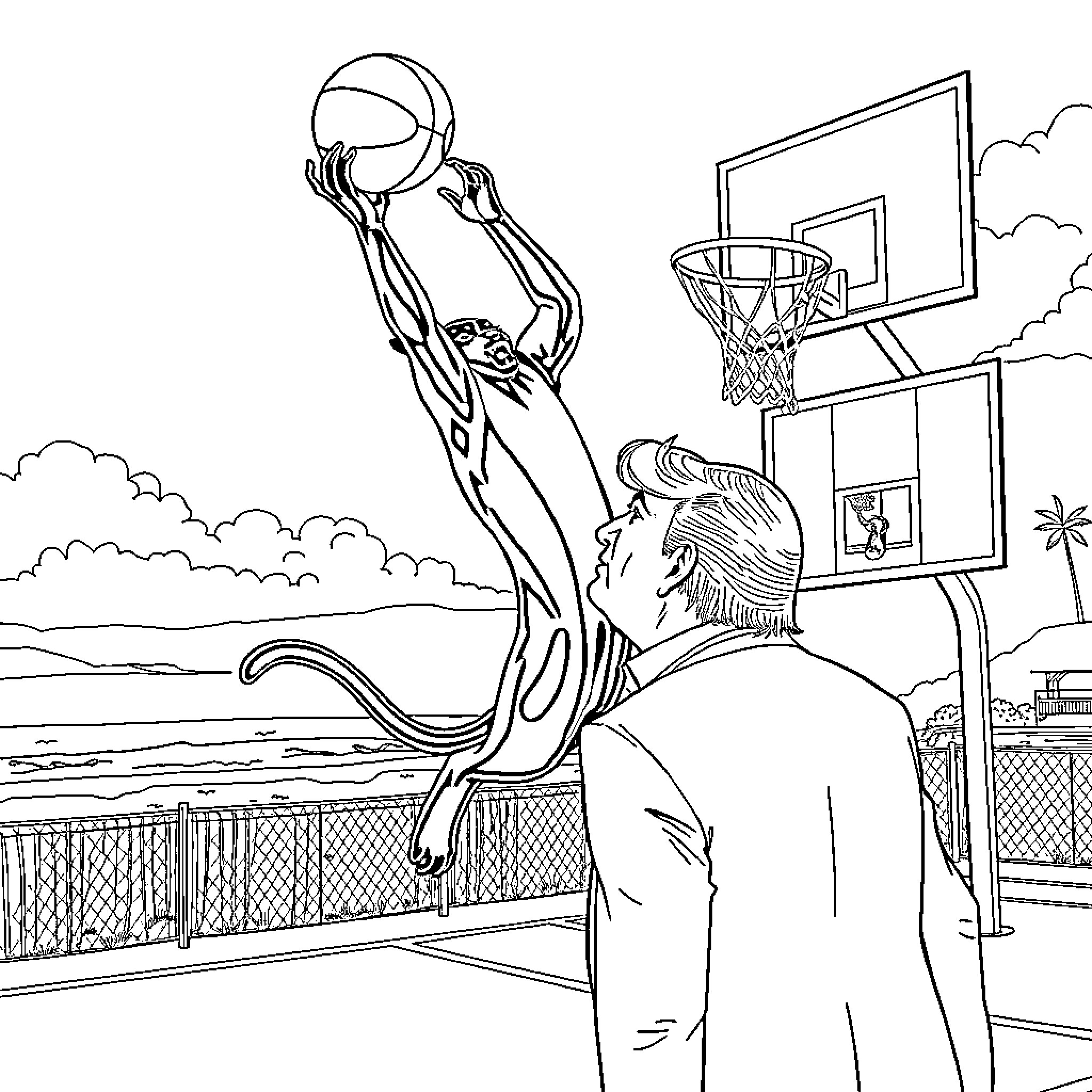 Panther leaping to score basketball on outdoor court Coloring Page (free black-and-white line drawing printable PDF for all, from beginners to advanced learners, including children, teens, adults, and seniors)