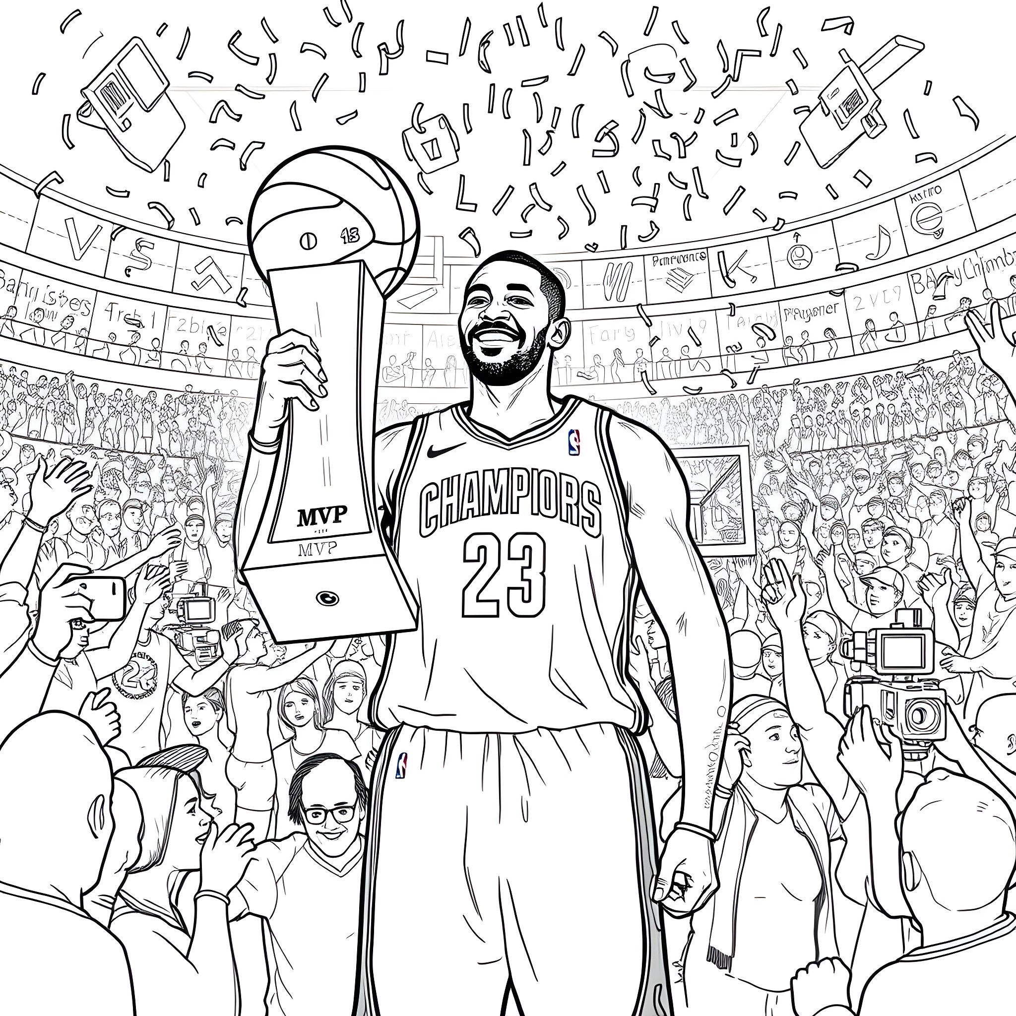 Tyrese Haliburton Celebrates Championship Victory Coloring Page (free black-and-white line drawing printable PDF for all, from beginners to advanced learners, including children, teens, adults, and seniors)